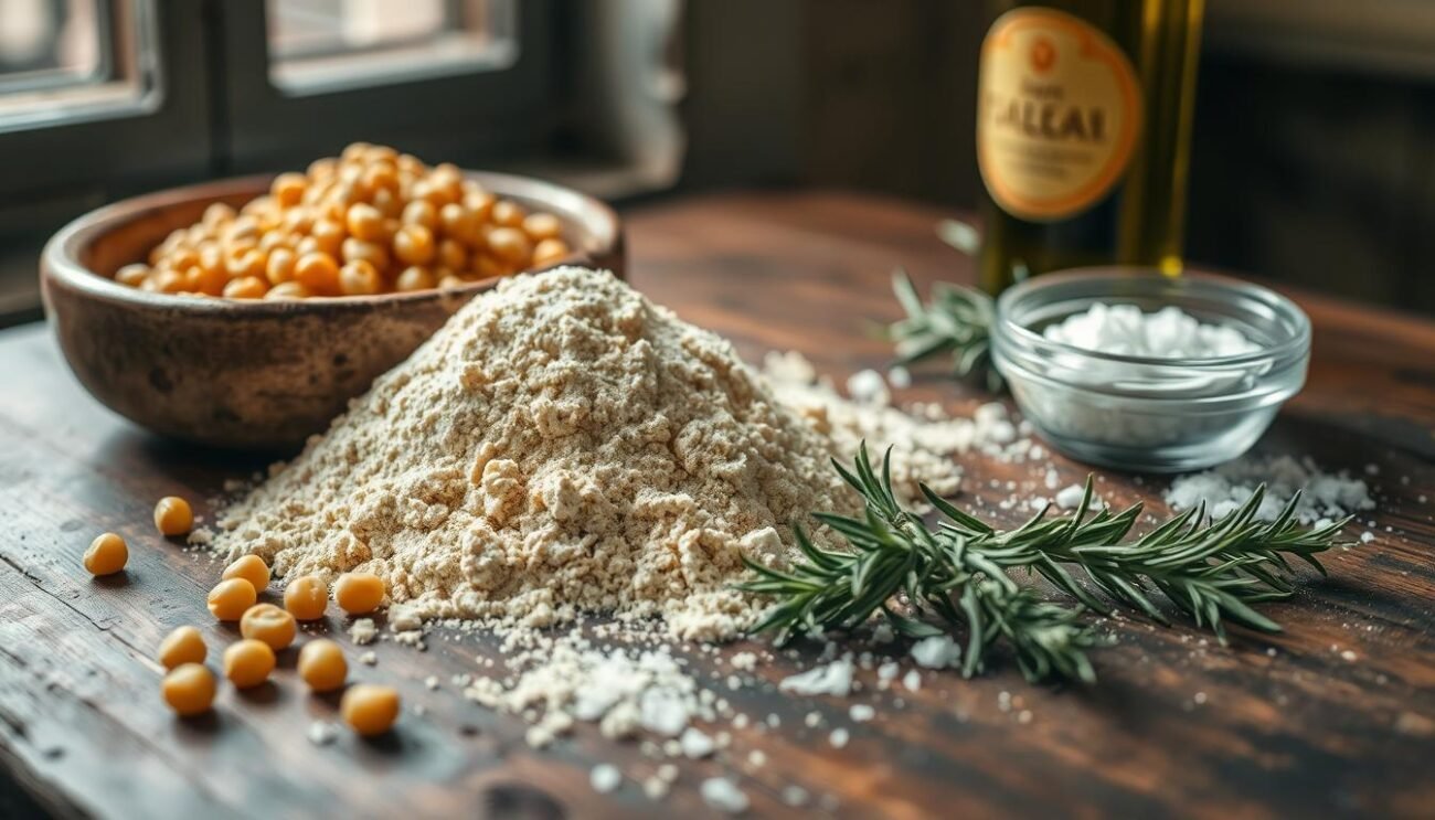 A rustic wooden table adorned with the essential ingredients for crafting authentic Genovese farinata: a pile of golden chickpea flour, a drizzle of emerald green olive oil, a handful of fresh rosemary sprigs, and a pinch of coarse sea salt. Soft lighting filters through the window, casting a warm, inviting glow over the humble, yet flavorful, components. The arrangement captures the simple, yet elevated, nature of this beloved Ligurian street food. A rustic wooden table adorned with the essential ingredients for crafting authentic Genovese farinata: a pile of golden chickpea flour, a drizzle of emerald green olive oil, a handful of fresh rosemary sprigs, and a pinch of coarse sea salt. Soft lighting filters through the window, casting a warm, inviting glow over the humble, yet flavorful, components. The arrangement captures the simple, yet elevated, nature of this beloved Ligurian street food.