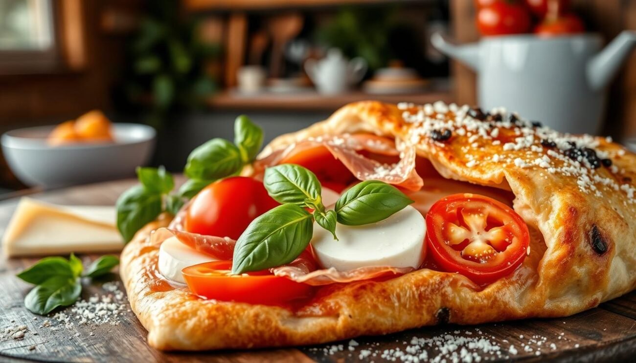 A rustic wooden table, adorned with the traditional ingredients of the Neapolitan calzone. Softly lit from above, showcasing the vibrant colors and textures of fresh tomatoes, mozzarella di bufala, prosciutto crudo, fresh basil leaves, and a dusting of Parmigiano-Reggiano. In the background, a blurred view of a cozy Italian kitchen, hinting at the warm and comforting atmosphere of the dish. The composition emphasizes the artisanal quality and authentic flavors of this iconic Neapolitan delicacy.