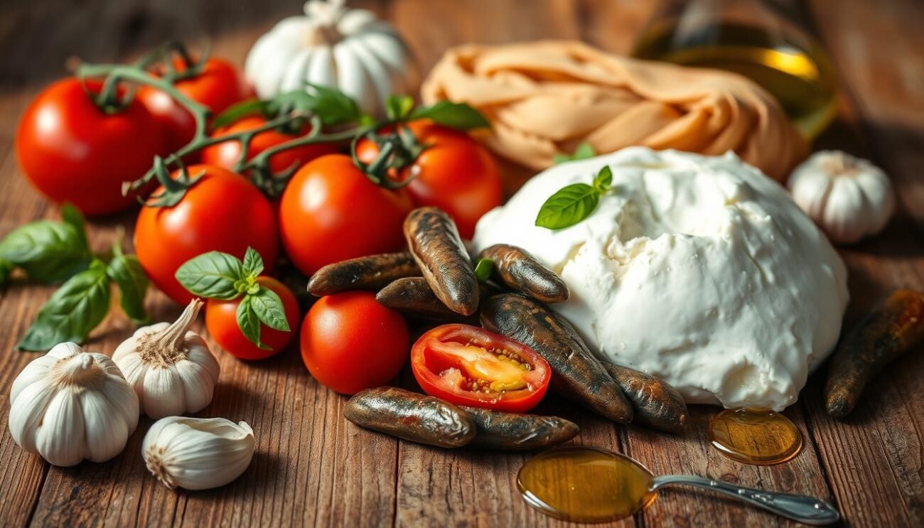 A rustic wooden table, bathed in warm, golden light, showcases a bountiful array of ingredients for the bold and flavorful pasta burrata e acciughe. Plump, creamy burrata cheese nestles alongside vibrant, glistening anchovies, their briny tang complemented by fragrant sprigs of fresh basil. Ripe tomatoes in shades of crimson and amber, their juices barely contained, stand ready to contribute their sweetness. Aromatic garlic cloves, their skins peeled away, and a generous pour of olive oil complete the scene, hinting at the delicious pasta dish to come. The overall mood is one of Mediterranean simplicity and abundance, inviting the viewer to imagine the satisfying flavors and textures that will soon be enjoyed.