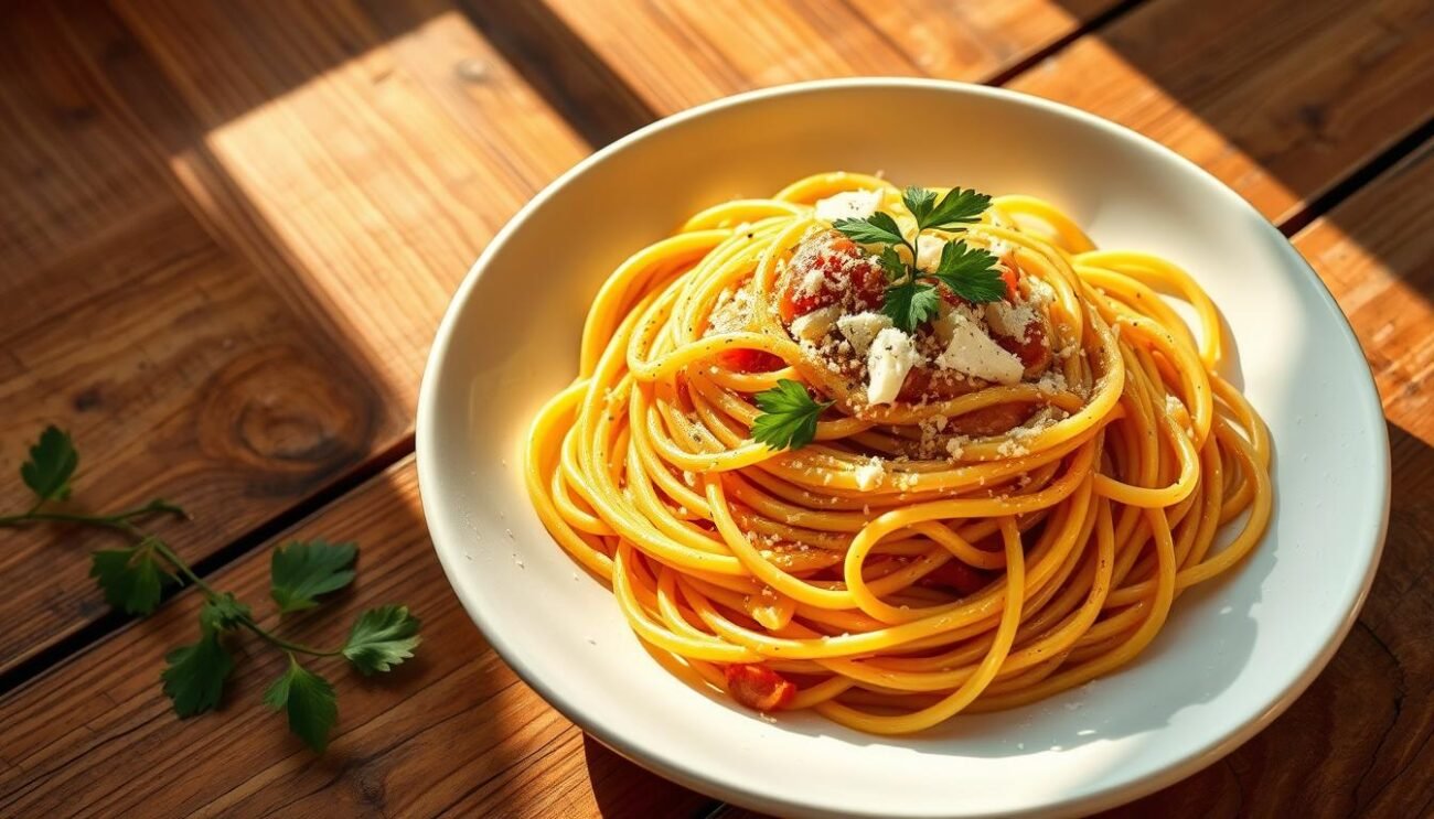 A rustic wooden table, bathed in warm, golden sunlight, showcases a carefully prepared Amatriciana Bianca. Glistening strands of al dente spaghetti are expertly tossed with a creamy, richly flavored sauce, made from high-quality pecorino romano, black pepper, and a splash of pasta cooking water. The dish is garnished with fresh, fragrant parsley and a dusting of finely grated pecorino, creating a visually stunning and appetizing presentation. The overall scene conveys a sense of simplicity, authenticity, and the comforting essence of traditional Italian home cooking.