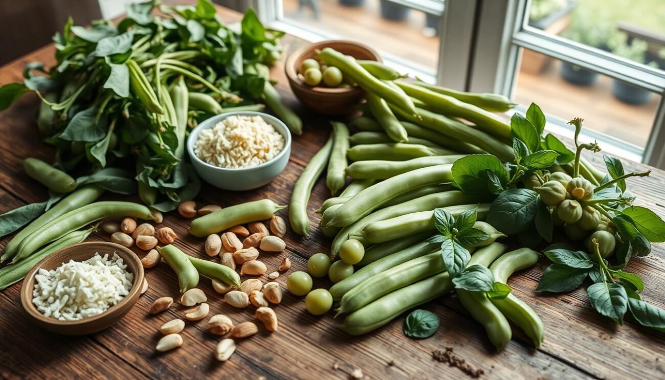 A rustic wooden table covered in a variety of fresh fava beans, including their pods, stems, and leaves. Alongside, place a small bowl of grated Parmesan cheese, a handful of pine nuts, a few sprigs of fragrant basil, and a light drizzle of high-quality olive oil. The scene is illuminated by soft, natural lighting from a large window, casting gentle shadows and highlighting the vibrant green hues of the ingredients. The overall atmosphere evokes the traditional flavors and simplicity of a classic Italian pesto di fave recipe.