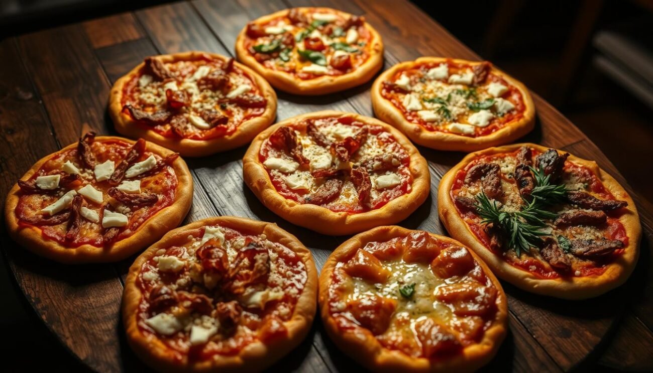 A rustic wooden table, dimly lit, showcases an array of regional variations of the classic Pizz'e rann from the Cilento region of Italy. Crisp, golden-brown discs of fried dough are adorned with a patchwork of toppings - some sprinkled with sharp pecorino, others crowned with sizzling 'ciccioli' (pork crackling), and a few garnished with vibrant green herbs. The scene evokes the warmth and depth of traditional Italian cuisine, inviting the viewer to imagine the savory aromas and flavors of this beloved regional delicacy. A rustic wooden table, dimly lit, showcases an array of regional variations of the classic Pizz'e rann from the Cilento region of Italy. Crisp, golden-brown discs of fried dough are adorned with a patchwork of toppings - some sprinkled with sharp pecorino, others crowned with sizzling 'ciccioli' (pork crackling), and a few garnished with vibrant green herbs. The scene evokes the warmth and depth of traditional Italian cuisine, inviting the viewer to imagine the savory aromas and flavors of this beloved regional delicacy.