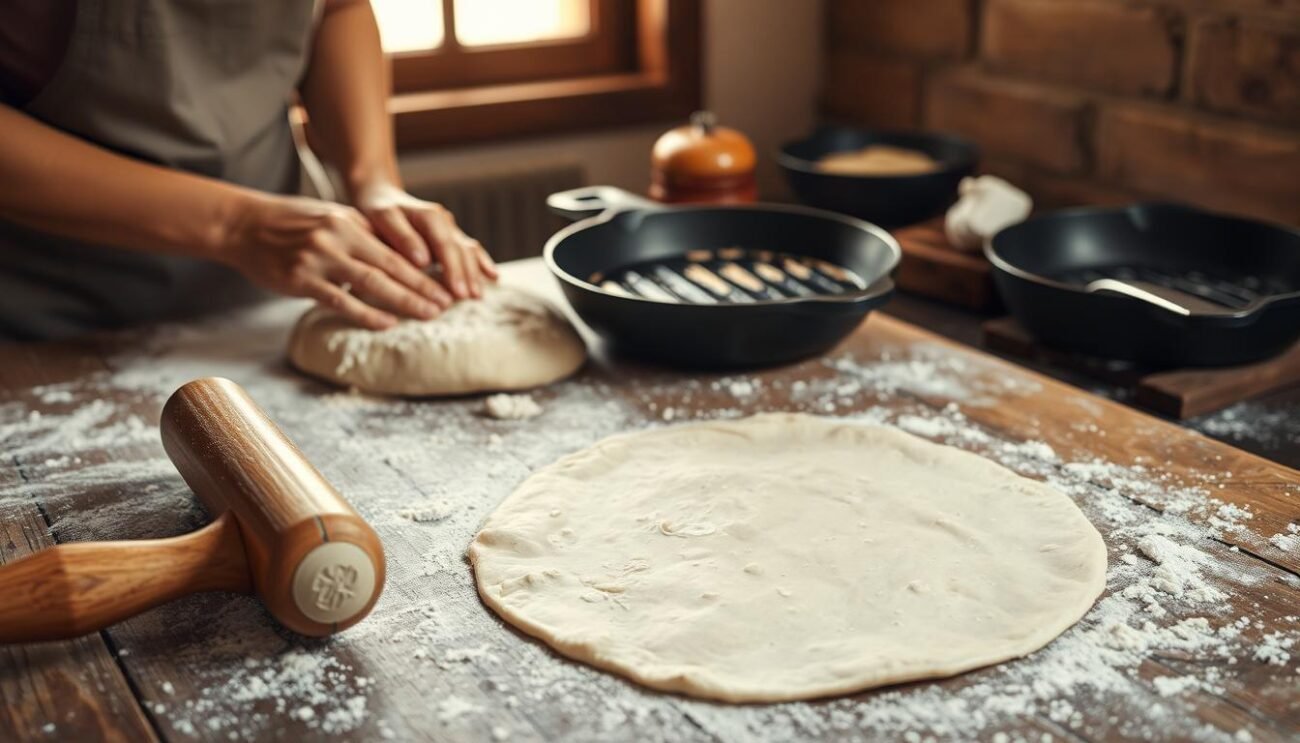 A rustic wooden table, dusted with flour, holds the preparation of a traditional Romagnan piadina. Skilled hands knead and shape the dough, a supple blend of flour, water, and a pinch of salt. In the foreground, a rolling pin flattens the dough into a thin, circular canvas. Behind it, a cast-iron skillet sizzles, ready to kiss the piadina with golden-brown char marks. The scene is illuminated by warm, natural light filtering through a window, casting a cozy glow over the simple, yet essential, ingredients. The atmosphere evokes the comforting traditions of Italian home cooking, where the preparation of a beloved regional dish is an art form unto itself.