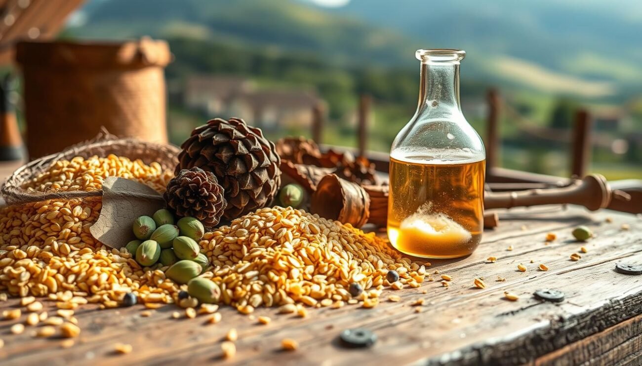 A rustic, wooden table filled with the essential ingredients for crafting artisanal beer: golden malt grains, aromatic hops cones, and a yeast culture bubbling in a glass flask. The lighting is warm and natural, casting a soft glow over the scene. In the background, a blurred Italian landscape suggests the local terroir that inspires the beer's unique character. The composition emphasizes the raw, elemental nature of the brewing process, inviting the viewer to immerse themselves in the art of traditional beer making.