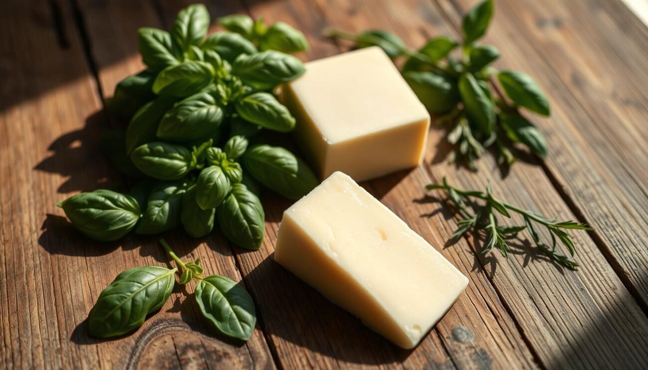 A rustic wooden table holding a bounty of Italian culinary essentials: fresh basil leaves, a block of creamy butter, and a wedge of Parmesan cheese. The natural light filters in, casting a warm glow and creating delicate shadows that accentuate the textures. The simplicity of the ingredients evokes the classic and comforting flavors of the "Burro e Salvia" dish. The scene is captured with a shallow depth of field, drawing the viewer's focus to the key components needed to prepare this traditional Italian recipe.