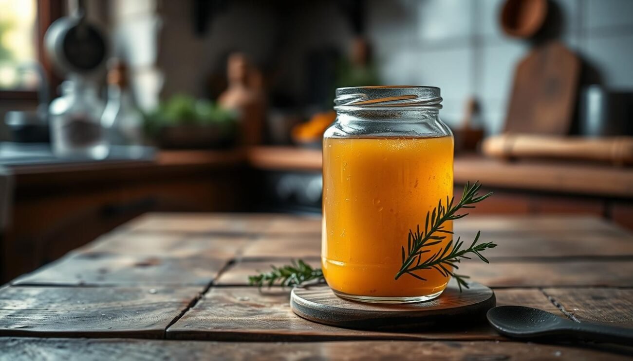 A rustic, wooden table in a cozy Italian kitchen, dimly lit by soft, warm lighting. On the table, a small glass jar filled with a golden, viscous liquid - malto orzo dolcificante, a traditional sweetener made from barley malt. The jar is accompanied by a few fresh herbs, a sprig of rosemary, and a small wooden spoon, hinting at its culinary applications. The background is blurred, but suggests the presence of other kitchen utensils and ingredients, creating a sense of a well-stocked, homely environment. The overall mood is inviting and nostalgic, evoking the comforts of Italian cuisine and the rich heritage of traditional food preparation.