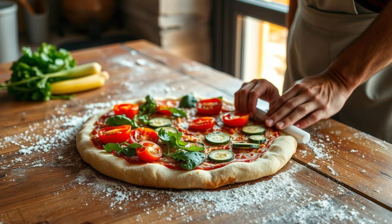 A rustic wooden table, its surface dusted with flour, is the stage for the artful preparation of Pizz'e foje. Plump, vibrant vegetables - freshly picked tomatoes, leafy greens, and slivers of zucchini - are carefully arranged atop a golden, yeast-risen dough. Fingers delicately knead and stretch the pliable crust, coaxing it into an even, round form. The aroma of simmering tomato sauce and the sizzle of olive oil fill the air, while a warm Mediterranean light filters through a nearby window, casting a soft, golden glow over the scene. This is the authentic ritual of crafting the iconic pizza of the Amalfi Coast. A rustic wooden table, its surface dusted with flour, is the stage for the artful preparation of Pizz'e foje. Plump, vibrant vegetables - freshly picked tomatoes, leafy greens, and slivers of zucchini - are carefully arranged atop a golden, yeast-risen dough. Fingers delicately knead and stretch the pliable crust, coaxing it into an even, round form. The aroma of simmering tomato sauce and the sizzle of olive oil fill the air, while a warm Mediterranean light filters through a nearby window, casting a soft, golden glow over the scene. This is the authentic ritual of crafting the iconic pizza of the Amalfi Coast.