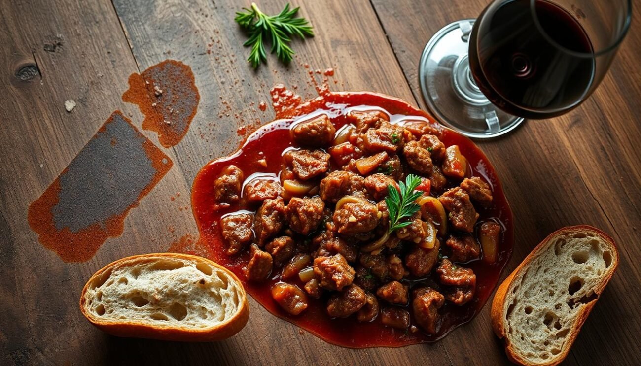 A rustic wooden table, its surface stained with the rich juices of regional variations of wild boar ragù. Earthy tones of sautéed onions, garlic, and herbs mingle with the deep, gamey flavors of the slow-simmered meat. Crusty bread waits to soak up every last drop, while a glass of robust red wine complements the hearty, traditional dish. Soft, diffused lighting casts a warm glow, evoking the cozy ambiance of a Tuscan trattoria. This scene encapsulates the diversity of ragù di cinghiale, each locality adding its own unique twist to this beloved Italian classic.