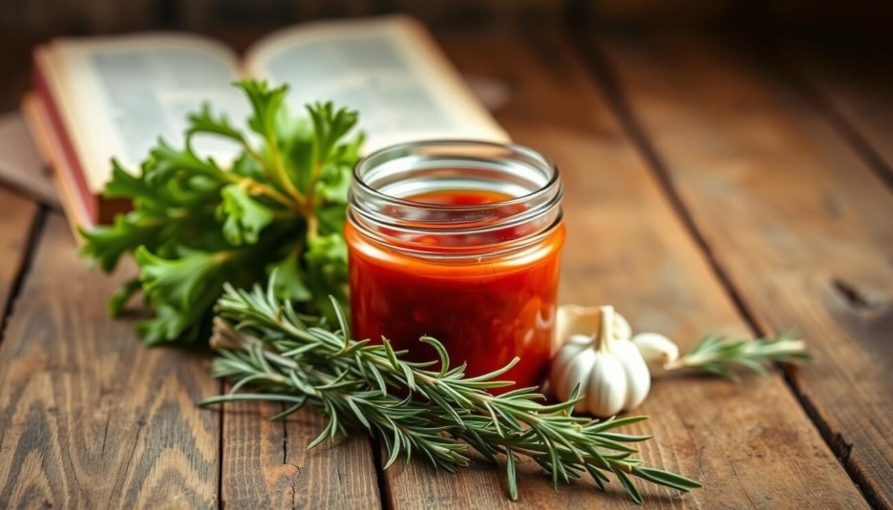 A rustic wooden table, its surface weathered by time, holds a collection of traditional Tuscan ingredients. In the foreground, a bundle of fresh, vibrant green lampredotto rests alongside fragrant sprigs of rosemary and garlic. Behind them, a small glass jar filled with rich, crimson tomato passata takes center stage, its contents glistening under the soft, warm lighting. In the background, a glimpse of an old, worn cookbook hints at the centuries-old culinary heritage this dish represents. The overall scene exudes a sense of simplicity, authenticity, and a deep connection to the land and its traditions. A rustic wooden table, its surface weathered by time, holds a collection of traditional Tuscan ingredients. In the foreground, a bundle of fresh, vibrant green lampredotto rests alongside fragrant sprigs of rosemary and garlic. Behind them, a small glass jar filled with rich, crimson tomato passata takes center stage, its contents glistening under the soft, warm lighting. In the background, a glimpse of an old, worn cookbook hints at the centuries-old culinary heritage this dish represents. The overall scene exudes a sense of simplicity, authenticity, and a deep connection to the land and its traditions.