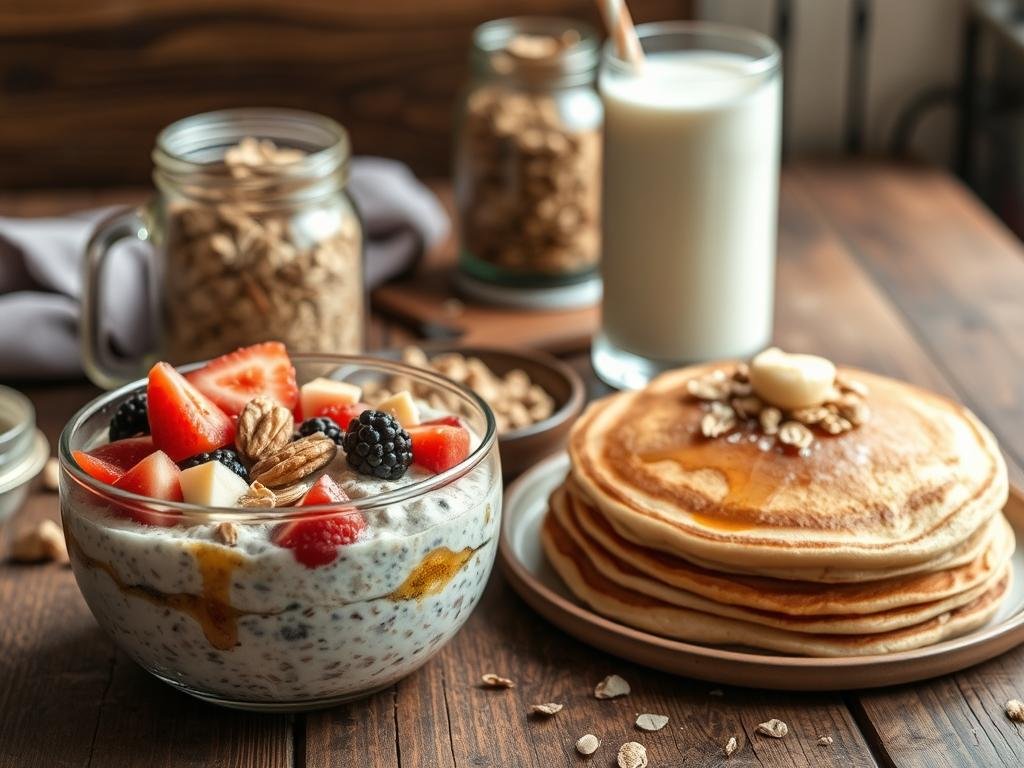 A rustic, wooden table lays covered in a variety of whole grain oat dishes. A hearty bowl of overnight oats, topped with fresh fruit, nuts and a drizzle of honey. Beside it, a stack of fluffy oat pancakes, golden brown and glistening. In the background, a jar of homemade granola and a glass of creamy oat milk stand ready to complete the scene. Soft, natural lighting casts a warm glow, highlighting the earthy textures and vibrant colors of this wholesome Italian oat-based spread. The overall atmosphere is one of simple, nurturing nourishment.