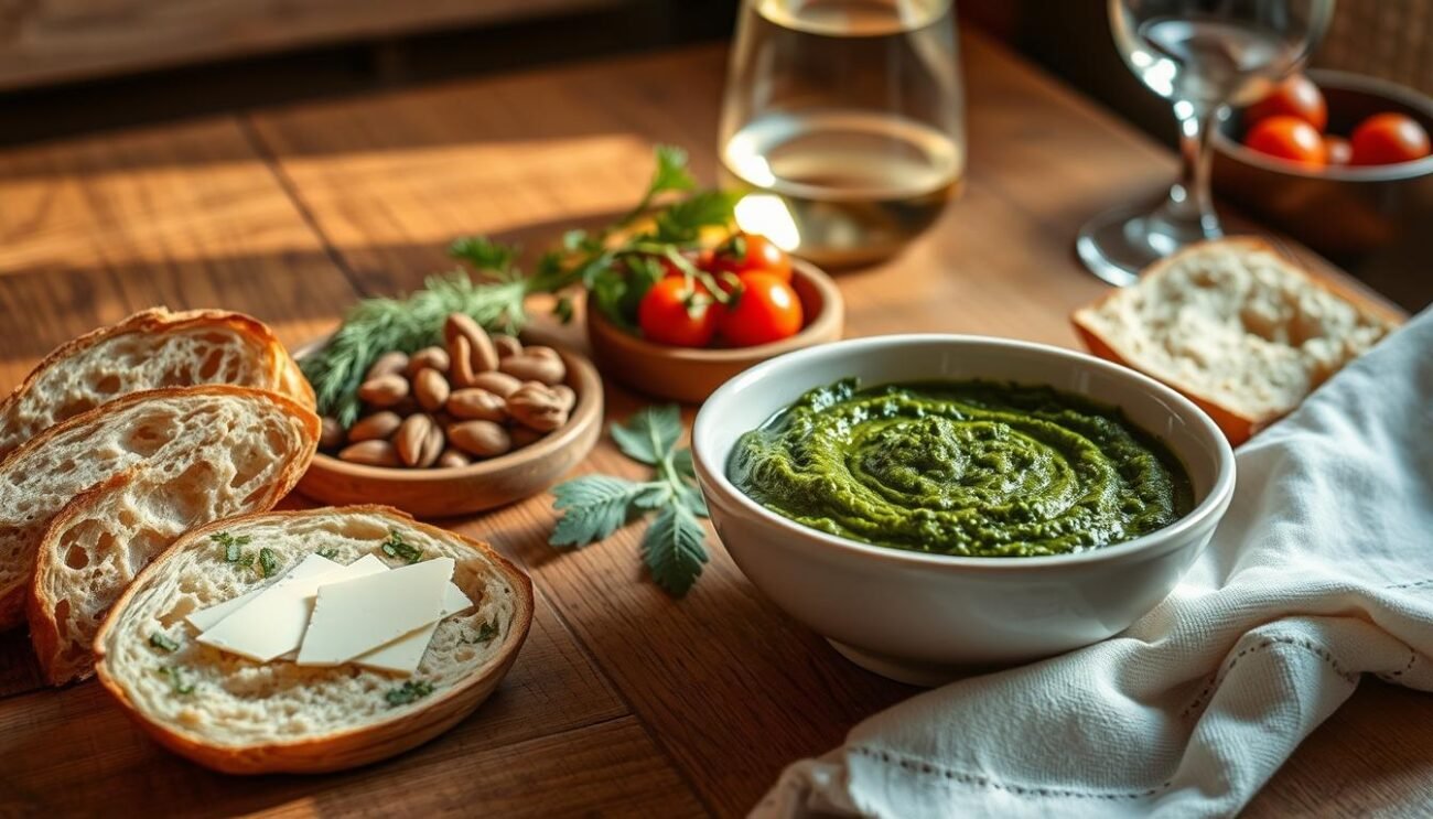 A rustic wooden table set with a variety of mouthwatering accompaniments to a bowl of homemade pesto di finocchietto selvatico. In the foreground, slices of crusty bread and slivers of Parmigiano-Reggiano cheese. In the middle, a small plate of roasted hazelnuts and a sprig of fresh wild fennel. In the background, a glass of crisp white wine and a bowl of ripe cherry tomatoes. Warm, natural lighting casts a soft glow over the scene, highlighting the rich green hue of the pesto and the earthy tones of the other ingredients. The overall composition evokes the flavors and textures of a classic Sicilian culinary experience.