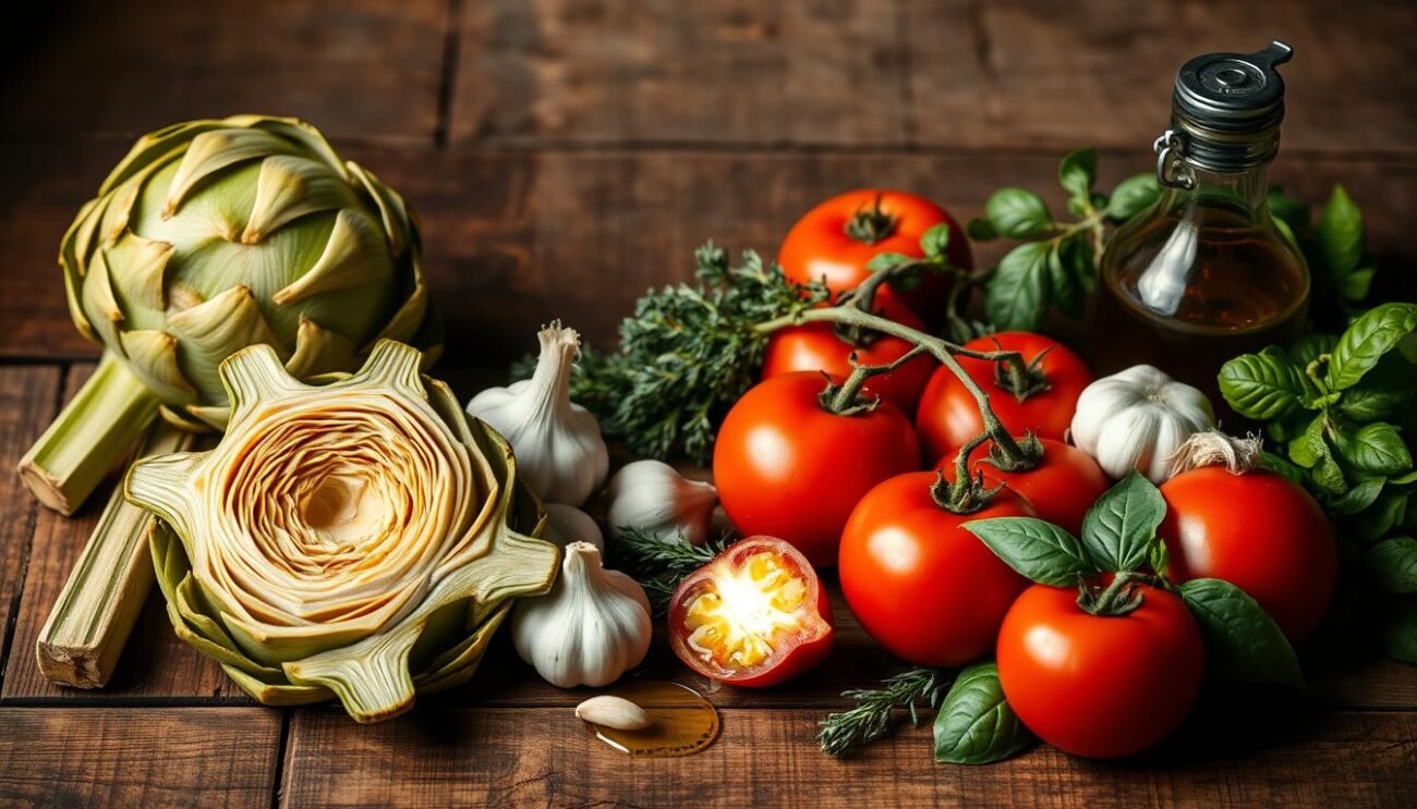 A rustic wooden table set with the essential ingredients for a classic Roman artichoke sauce: fresh, vibrant artichokes with their feathery leaves, garlic bulbs, ripe tomatoes, aromatic herbs like oregano and basil, and a splash of olive oil. The lighting is warm and inviting, casting soft shadows that accentuate the textures and colors of the produce. The overall scene evokes the comforting, homemade feel of traditional Italian cuisine, perfectly suited to illustrate the "Ingredienti Principali del Sugo" section of the "Sugo ai Carciofi: L'Imperdibile Ricetta Romana Classica" article. A rustic wooden table set with the essential ingredients for a classic Roman artichoke sauce: fresh, vibrant artichokes with their feathery leaves, garlic bulbs, ripe tomatoes, aromatic herbs like oregano and basil, and a splash of olive oil. The lighting is warm and inviting, casting soft shadows that accentuate the textures and colors of the produce. The overall scene evokes the comforting, homemade feel of traditional Italian cuisine, perfectly suited to illustrate the "Ingredienti Principali del Sugo" section of the "Sugo ai Carciofi: L'Imperdibile Ricetta Romana Classica" article.