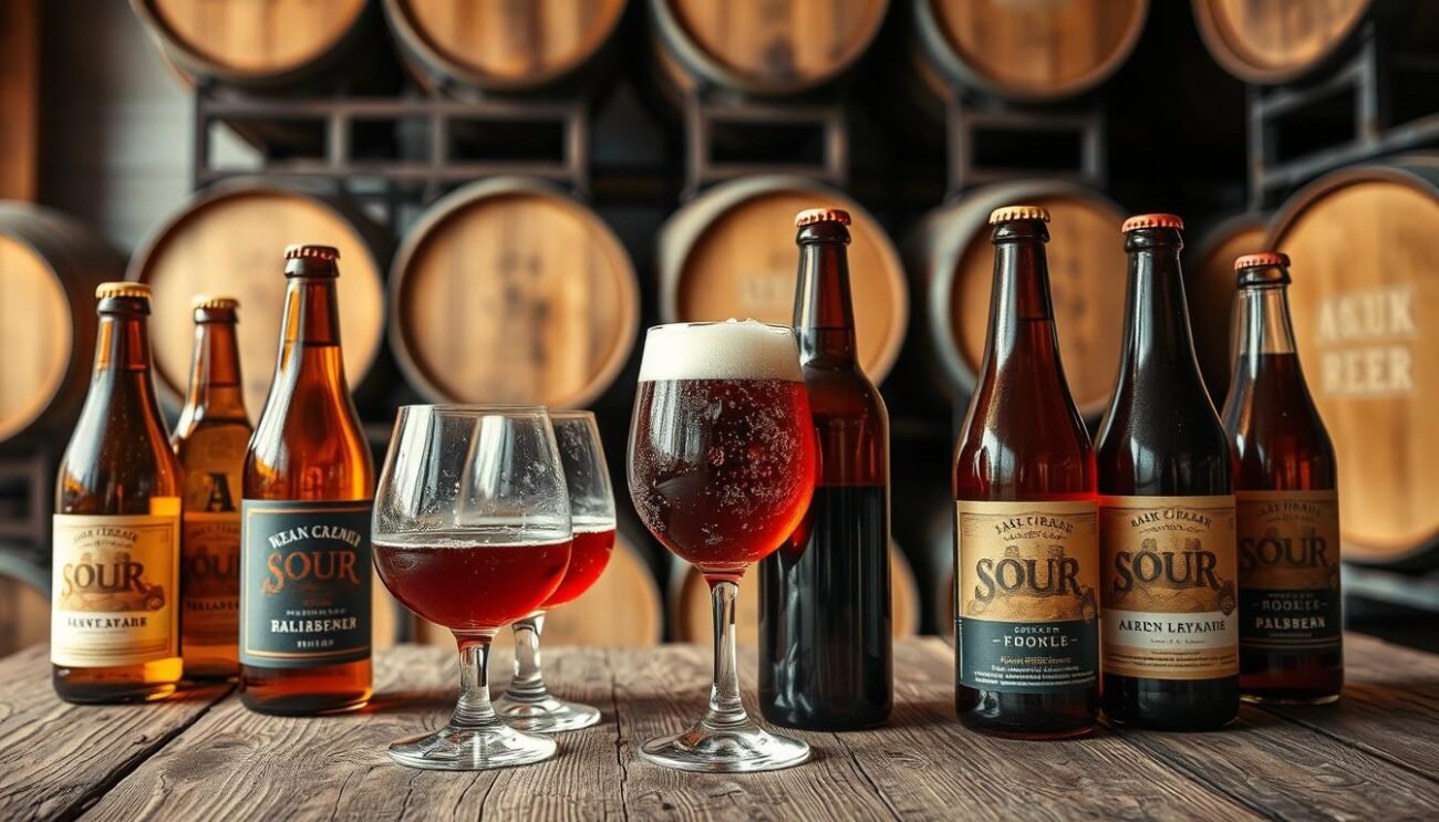 A rustic wooden table sets the stage, adorned with an array of artisanal beer bottles and glasses. The soft, natural lighting casts a warm glow, highlighting the amber and ruby hues of the sour ales. Beads of condensation glisten on the glass, inviting a closer examination of the complex, tart flavors within. In the background, a wall of aging oak barrels stands as a testament to the meticulous process of wild fermentation, where yeasts and bacteria collaborate to create these captivating, palate-awakening beverages. The overall atmosphere exudes a sense of tradition, craftsmanship, and the allure of the sour beer experience. A rustic wooden table sets the stage, adorned with an array of artisanal beer bottles and glasses. The soft, natural lighting casts a warm glow, highlighting the amber and ruby hues of the sour ales. Beads of condensation glisten on the glass, inviting a closer examination of the complex, tart flavors within. In the background, a wall of aging oak barrels stands as a testament to the meticulous process of wild fermentation, where yeasts and bacteria collaborate to create these captivating, palate-awakening beverages. The overall atmosphere exudes a sense of tradition, craftsmanship, and the allure of the sour beer experience.