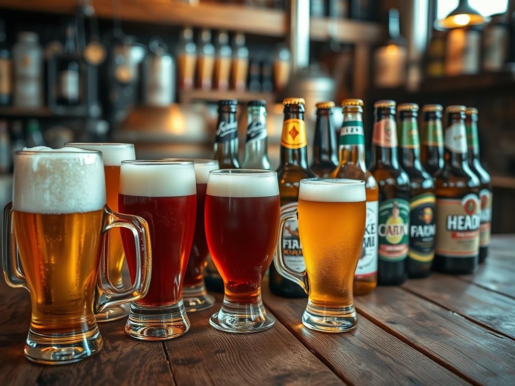 A rustic wooden table showcases an artful arrangement of various craft beer styles, each with its own unique hues and carbonation. The foreground features a collection of glass beer mugs, capturing the intricate foam patterns and reflecting the warm ambient lighting. In the middle ground, an array of beer bottles in distinct shapes and labels represents the diverse fermentation techniques employed by skilled brewmasters. The background subtly hints at the vibrant Italian craft beer scene, with a glimpse of a cozy brewery interior or pub setting. The overall composition exudes a sense of craftsmanship, celebration, and the flavorful complexity of the artisanal brewing process.