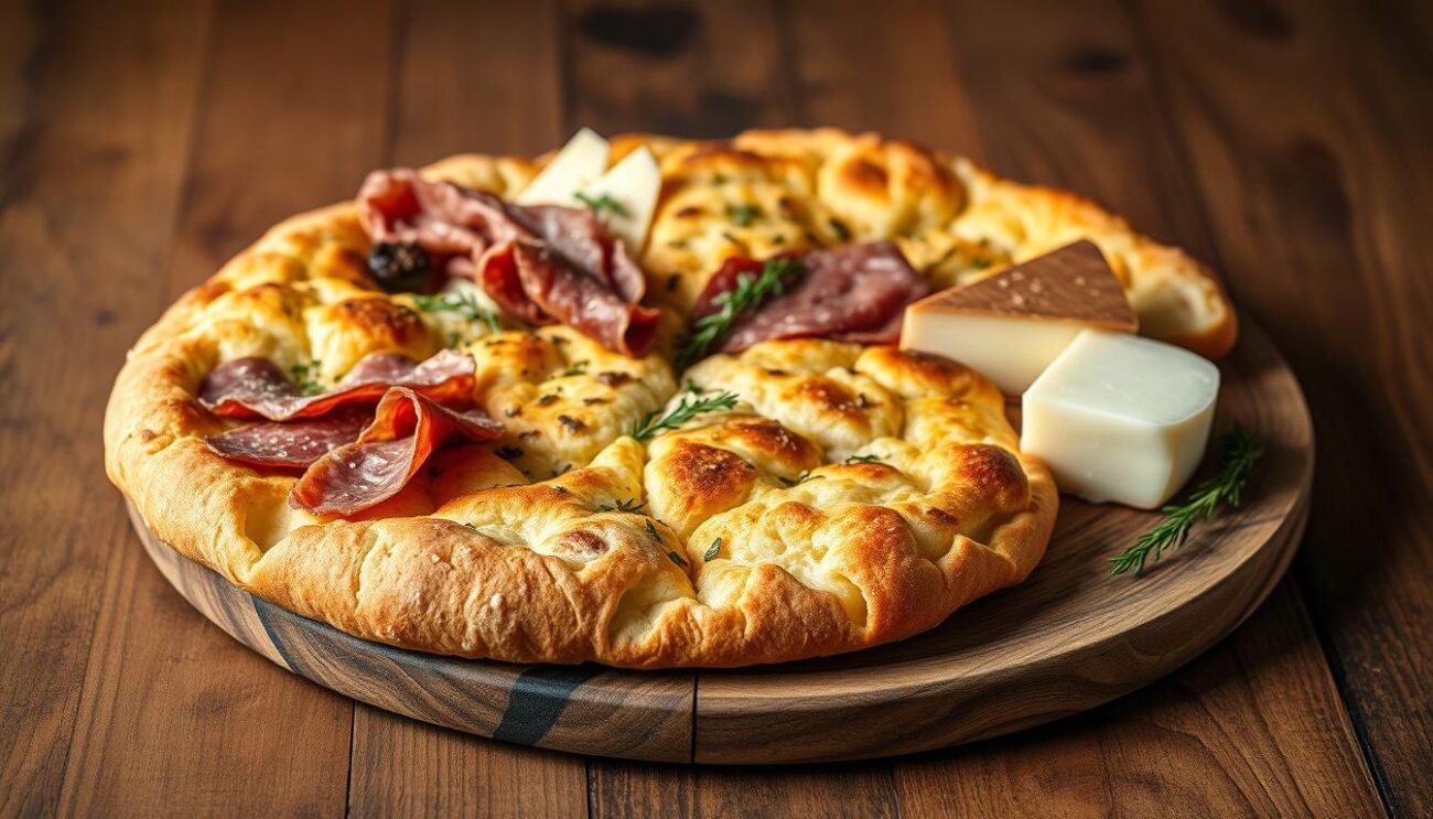 A rustic wooden table showcases an inviting spread of Schiacciata toscana, a traditional Florentine flatbread, adorned with a selection of cured meats and artisanal cheeses. The bread's golden, crispy exterior contrasts with the soft, fluffy interior, while the salumi and formaggi add savory depth and textural complexity. Warm, muted lighting casts a cozy glow, inviting the viewer to imagine the satisfying crunch and flavor of this quintessential Tuscan delicacy. The composition is framed against a backdrop of a simple, uncluttered space, allowing the delicious focal point to take center stage. A rustic wooden table showcases an inviting spread of Schiacciata toscana, a traditional Florentine flatbread, adorned with a selection of cured meats and artisanal cheeses. The bread's golden, crispy exterior contrasts with the soft, fluffy interior, while the salumi and formaggi add savory depth and textural complexity. Warm, muted lighting casts a cozy glow, inviting the viewer to imagine the satisfying crunch and flavor of this quintessential Tuscan delicacy. The composition is framed against a backdrop of a simple, uncluttered space, allowing the delicious focal point to take center stage.