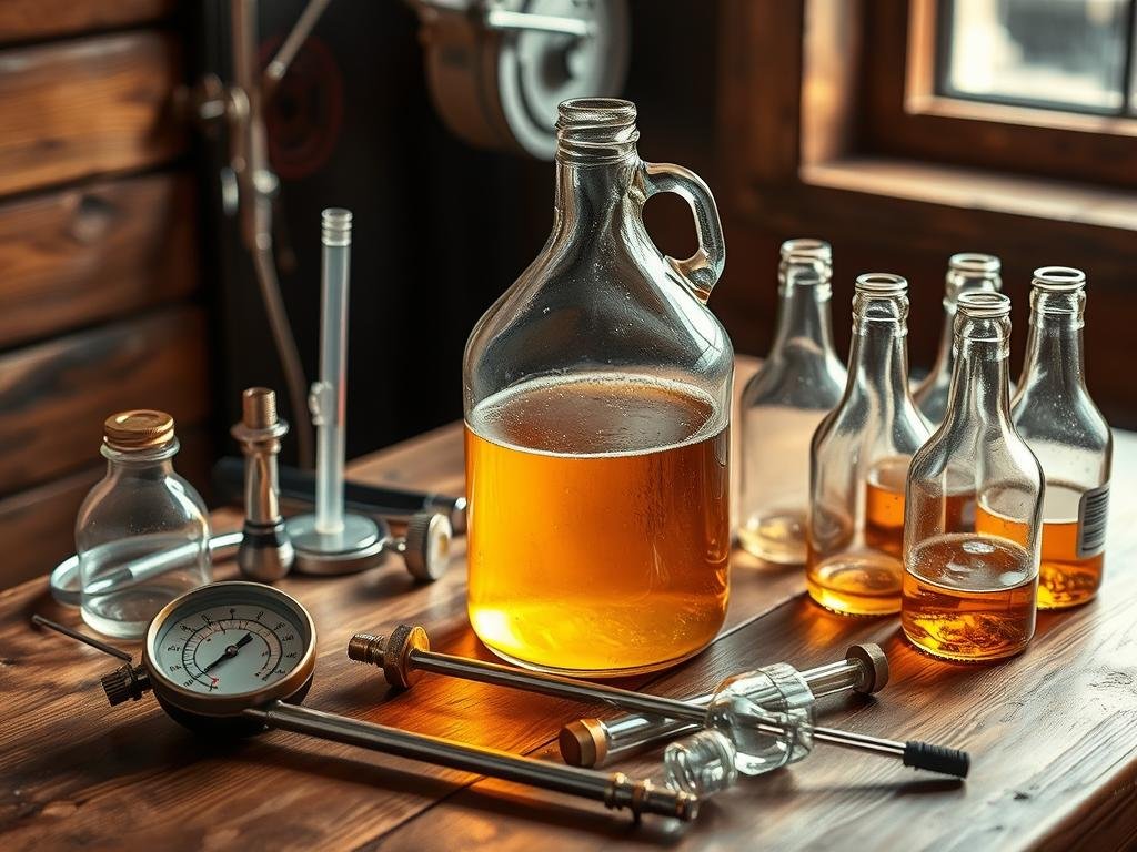 A rustic wooden table with a variety of homemade beer-making accessories. In the center, a glass carboy filled with a golden liquid, hinting at the ongoing fermentation process. Surrounding it, an array of tools - a hydrometer, a thermometer, a siphon, and a set of glass bottles, all arranged with care. The lighting is warm and inviting, casting a soft glow across the scene, evocative of the homely pleasures of crafting one's own beer. The image conveys a sense of the artisanal, the handmade, and the satisfaction of taking control of the brewing process.