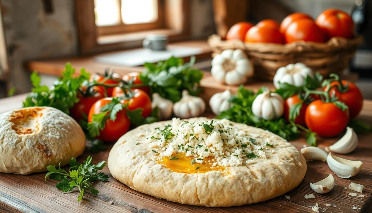 A rustic wooden table with a variety of traditional ingredients for Crescia Umbra, the soft and fluffy regional pizza of central Italy. In the foreground, artisanal bread dough, fresh herbs, and a sprinkle of Pecorino Romano cheese. In the middle ground, sun-ripened tomatoes, garlic cloves, and a drizzle of premium extra virgin olive oil. In the background, a worn, textured kitchen counter, with the warm glow of natural light filtering through a window. The overall scene conveys the authentic, homemade essence of this beloved Italian delicacy.