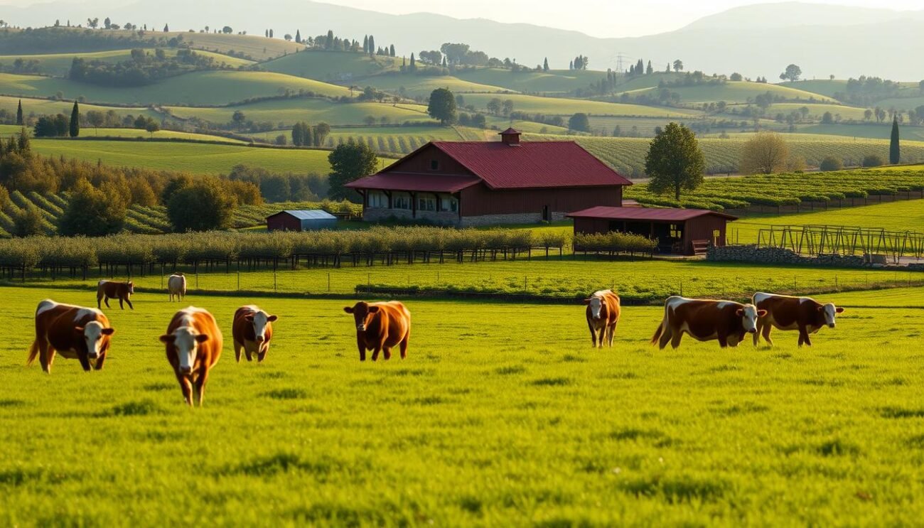 A scenic, pastoral organic farm with lush green meadows, grazing livestock, and rustic farm buildings. In the foreground, a herd of free-range cows peacefully graze on the verdant grass, their coats shining in the warm sunlight. In the middle ground, a traditional red-roofed barn stands amidst rows of organic vegetable gardens and orchards. The background features rolling hills dotted with olive trees and vineyards, all bathed in a soft, golden glow. The scene conveys a sense of tranquility, sustainability, and harmony between nature and agriculture. The lighting is natural and diffused, creating a serene, pastoral ambiance.