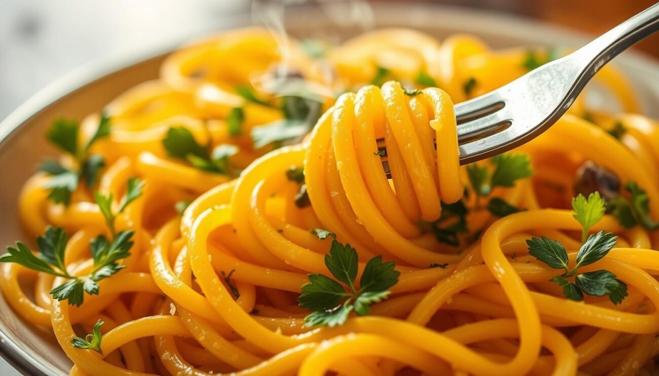 A scrumptious plate of freshly cooked al dente pasta, its vibrant golden hue glistening under the warm, soft lighting. The perfectly al dente texture is evident as you gently twist a forkful, the strands clinging together yet yielding with a satisfying bite. Delicate wisps of steam rise from the dish, hinting at the piping hot temperature and the tantalizing aroma of freshly cooked pasta. The pasta is elegantly presented, nestled among vibrant green herbs and a drizzle of high-quality extra virgin olive oil, creating a visually appealing and appetizing composition. This image epitomizes the ideal preparation of pasta to support athletic performance and recovery. A scrumptious plate of freshly cooked al dente pasta, its vibrant golden hue glistening under the warm, soft lighting. The perfectly al dente texture is evident as you gently twist a forkful, the strands clinging together yet yielding with a satisfying bite. Delicate wisps of steam rise from the dish, hinting at the piping hot temperature and the tantalizing aroma of freshly cooked pasta. The pasta is elegantly presented, nestled among vibrant green herbs and a drizzle of high-quality extra virgin olive oil, creating a visually appealing and appetizing composition. This image epitomizes the ideal preparation of pasta to support athletic performance and recovery.