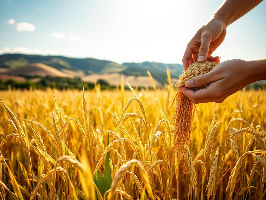 A serene Italian rice field, bathed in warm sunlight, with stalks of golden rice gently swaying in the breeze. In the foreground, skilled hands carefully sort and clean the freshly harvested grains, preserving the natural goodness of the Italian whole grain rice. The mid-ground showcases the traditional milling process, where the rice is meticulously polished to retain its nutrient-rich bran layer. In the background, a picturesque Italian countryside landscape provides a tranquil setting, with rolling hills, lush greenery, and a cloudless azure sky. The overall atmosphere conveys the care, tradition, and pride inherent in the production of authentic Italian whole grain rice.