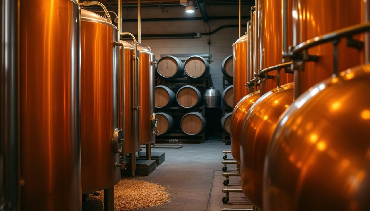 A serene brewpub interior, softly lit with warm amber tones. Gleaming copper fermentation tanks stand in the foreground, bubbling with the active process of beer fermentation. Malt grains and hops are visible in the middle ground, their earthy aromas mingling in the air. In the background, a row of oak barrels stand testament to the traditional methods of aging and conditioning. The atmosphere is one of patient anticipation, as the yeasts transform the wort into a flavorful, complex brew. A sense of craft and expertise pervades the scene, capturing the essence of the beer-making process.