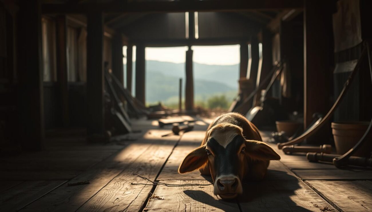 A serene, dimly lit farmhouse interior, with sunlight filtering through the windows, casting soft shadows on the worn wooden floors. In the foreground, a weary-looking farm animal, perhaps a cow or sheep, rests its head, its eyes conveying a sense of fatigue and stress. In the middle ground, various farm implements and tools are scattered, hinting at the physical labor required to maintain the farm. The background is hazy, with a glimpse of rolling hills and a distant horizon, suggesting the tranquil countryside setting. The overall mood is one of contemplation, inviting the viewer to consider the impact of stress on the well-being of farm animals and the subsequent quality of the meat they produce. A serene, dimly lit farmhouse interior, with sunlight filtering through the windows, casting soft shadows on the worn wooden floors. In the foreground, a weary-looking farm animal, perhaps a cow or sheep, rests its head, its eyes conveying a sense of fatigue and stress. In the middle ground, various farm implements and tools are scattered, hinting at the physical labor required to maintain the farm. The background is hazy, with a glimpse of rolling hills and a distant horizon, suggesting the tranquil countryside setting. The overall mood is one of contemplation, inviting the viewer to consider the impact of stress on the well-being of farm animals and the subsequent quality of the meat they produce.