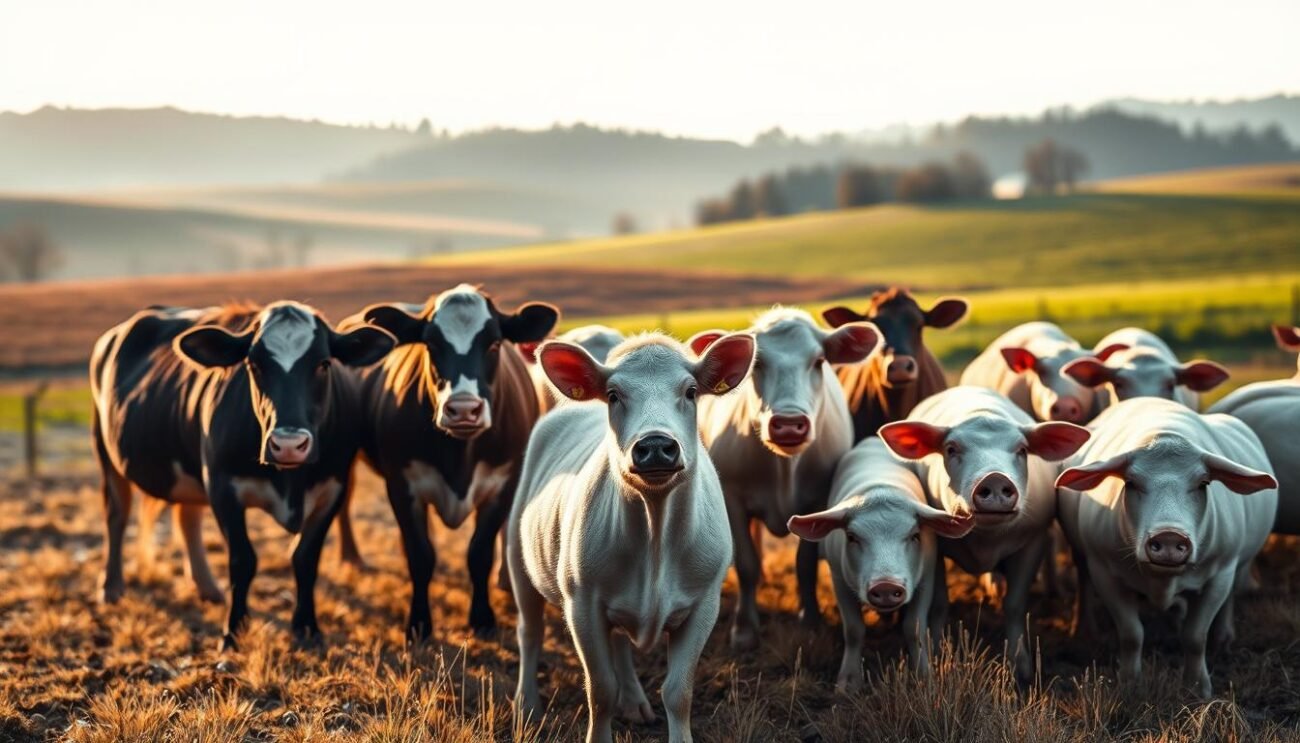 A serene farmland setting, with rolling hills and a distant treeline. In the foreground, a group of farm animals - cows, sheep, and pigs - appear unsettled, their bodies tense and their expressions anxious. The lighting is soft and natural, with hints of golden hour hues casting long shadows across the scene. The overall atmosphere evokes a sense of unease, a disruption to the pastoral tranquility. The camera angle is slightly elevated, providing a panoramic view that captures the interplay between the nervous livestock and their environment. This image aims to visually represent the causes and triggering factors of stress in farm animals. A serene farmland setting, with rolling hills and a distant treeline. In the foreground, a group of farm animals - cows, sheep, and pigs - appear unsettled, their bodies tense and their expressions anxious. The lighting is soft and natural, with hints of golden hour hues casting long shadows across the scene. The overall atmosphere evokes a sense of unease, a disruption to the pastoral tranquility. The camera angle is slightly elevated, providing a panoramic view that captures the interplay between the nervous livestock and their environment. This image aims to visually represent the causes and triggering factors of stress in farm animals.