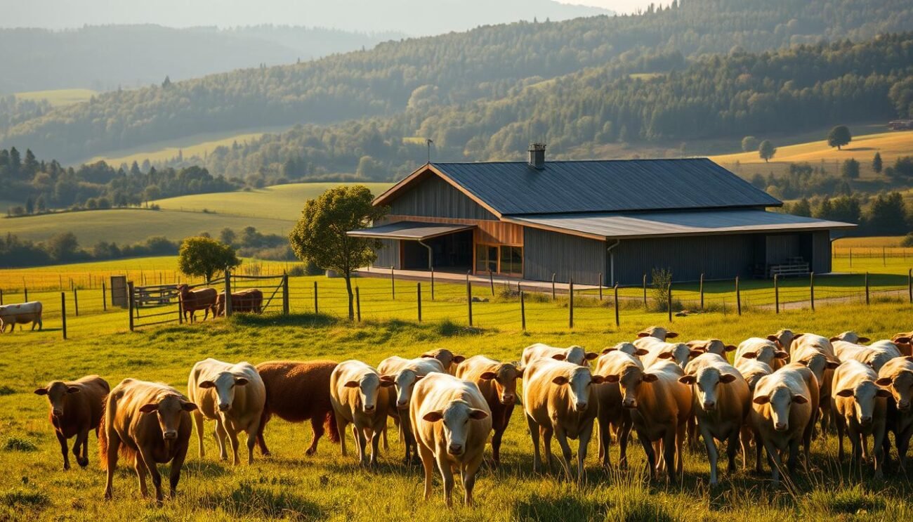 A serene farmstead nestled in a lush, rolling countryside. In the foreground, a well-tended herd of contented livestock graze peacefully, their coats gleaming in the warm, golden light. The middle ground reveals a modern, yet rustic barn, its traditional architecture blending seamlessly with state-of-the-art sustainable farming technology. In the background, a vibrant patchwork of verdant fields and distant wooded hills create a picturesque, bucolic scene. The overall atmosphere conveys a harmonious synthesis of time-honored practices and innovative approaches, reflecting the concept of "tradizione innovazione allevamento" - a celebration of Italy's proud agricultural heritage and progressive, environmentally conscious future.