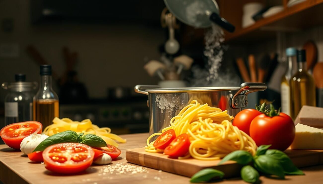 A serene kitchen scene, dimly lit by warm overhead lighting. In the center, a large pot of bubbling, salted water awaits freshly boiled pasta. Nearby, a wooden cutting board holds sliced tomatoes, garlic, and fresh basil leaves, the ingredients for a simple, yet flavorful sauce. The counter is cluttered with cooking utensils, a bottle of olive oil, and a wedge of Parmesan cheese, suggesting the preparation of a comforting Italian meal. The mood is one of quiet concentration and the anticipation of a delicious, soothing pasta dish, perfect for those coping with gastroesophageal reflux disease.