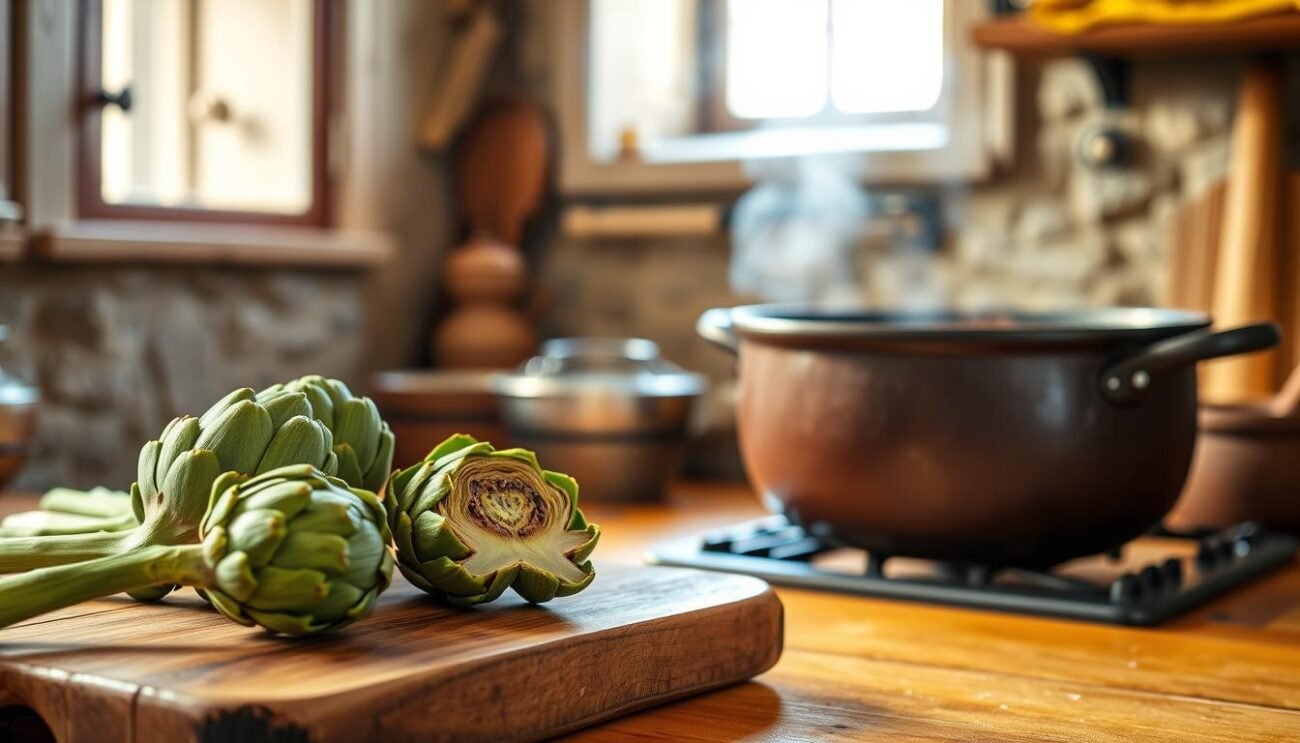 A serene kitchen scene set in a classic Roman villa. In the foreground, a wooden cutting board is adorned with fresh artichokes, their vibrant green hues contrasting with the warm ochre tones of the rustic table. Soft, natural light filters in through the nearby window, casting a gentle glow over the scene. In the middle ground, a large, ceramic pot simmers with a rich, golden sugo, the aroma of garlic and herbs permeating the air. The background features a stone wall, softened by the play of light and shadow, hinting at the long history and tradition that this classic Roman dish embodies. A serene kitchen scene set in a classic Roman villa. In the foreground, a wooden cutting board is adorned with fresh artichokes, their vibrant green hues contrasting with the warm ochre tones of the rustic table. Soft, natural light filters in through the nearby window, casting a gentle glow over the scene. In the middle ground, a large, ceramic pot simmers with a rich, golden sugo, the aroma of garlic and herbs permeating the air. The background features a stone wall, softened by the play of light and shadow, hinting at the long history and tradition that this classic Roman dish embodies.
