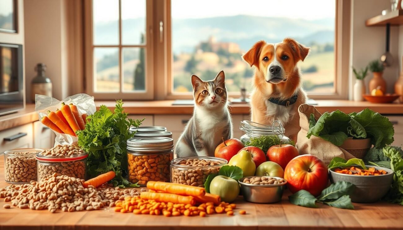 A serene kitchen scene with an assortment of healthy pet foods arranged on a wooden table. A variety of kibble, canned wet food, and fresh produce such as carrots, apples, and leafy greens fill the foreground, bathed in warm, natural lighting. In the middle ground, a content domestic cat and dog sit, gazing at the nourishing options before them. The background features a picturesque Italian countryside landscape, with rolling hills and a distant villa, conveying a sense of pastoral tranquility. The overall mood is one of wholesome, natural sustenance for beloved animal companions. A serene kitchen scene with an assortment of healthy pet foods arranged on a wooden table. A variety of kibble, canned wet food, and fresh produce such as carrots, apples, and leafy greens fill the foreground, bathed in warm, natural lighting. In the middle ground, a content domestic cat and dog sit, gazing at the nourishing options before them. The background features a picturesque Italian countryside landscape, with rolling hills and a distant villa, conveying a sense of pastoral tranquility. The overall mood is one of wholesome, natural sustenance for beloved animal companions.