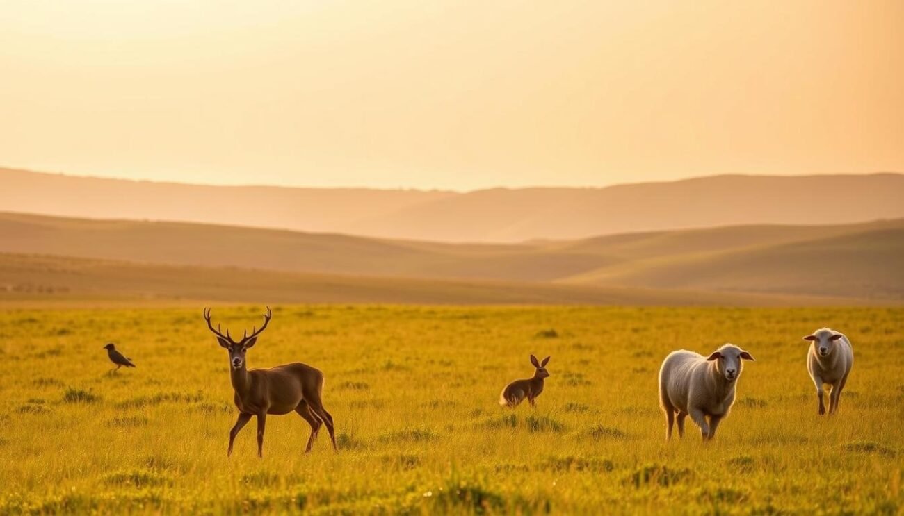 A serene meadow under a warm golden sky, with rolling hills in the distance. In the foreground, a diverse array of animals - a deer, a rabbit, a bird, and a sheep - freely roaming and engaging in their natural behaviors, expressing their fundamental freedoms. The lighting is soft and diffuse, creating a sense of tranquility and harmony. The composition features a balanced, panoramic view that captures the essence of animal well-being and the notion of "libertà fondamentali animali" (fundamental animal freedoms).