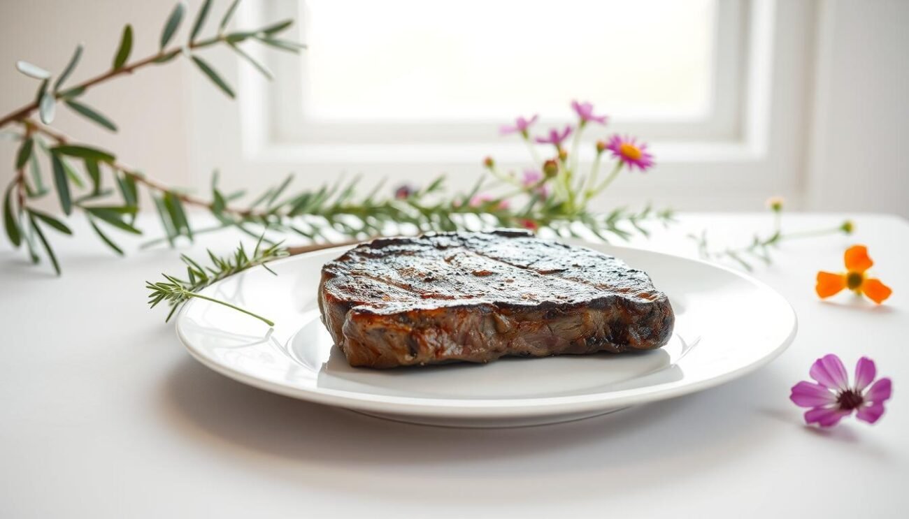 A serene, minimalist composition showcasing the concept of zero-impact meat production. In the foreground, a pristine white plate holds a single, expertly grilled steak, its char-kissed edges contrasting with the lush, verdant greens that surround it. The midground features a blend of native Italian flora - olive branches, rosemary sprigs, and vibrant wildflowers - symbolizing the harmony between livestock and the land. In the background, a soft, diffused light filters through a panoramic window, illuminating the scene with a warm, natural glow. The overall atmosphere evokes a sense of tranquility and balance, inviting the viewer to consider the sustainable future of meat consumption.