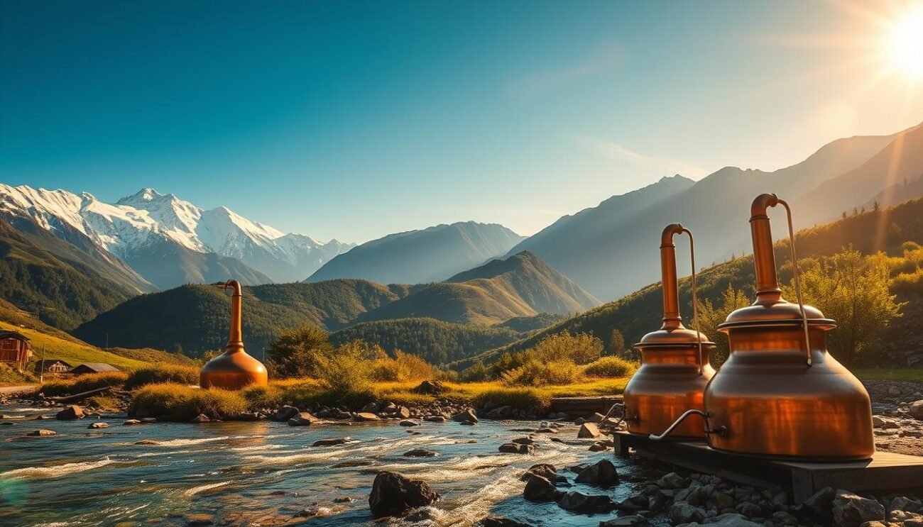 A serene mountainous landscape, with snow-capped peaks piercing the azure sky. In the foreground, a crystal-clear alpine stream flows, its waters sparkling under the warm, diffused sunlight. Along the stream's banks, a collection of traditional copper pot stills stand, their polished surfaces reflecting the surrounding natural beauty. In the middle ground, rolling hills covered in lush, verdant foliage stretch out, hinting at the diverse terroirs that define Italy's regional spirit. The atmospheric, cinematic lighting casts a warm, golden glow, creating a sense of timelessness and artisanal craftsmanship. This idyllic scene captures the essence of "Distillati Italiani" - the unique interplay between Italy's diverse landscapes and the distinctive spirits they inspire. A serene mountainous landscape, with snow-capped peaks piercing the azure sky. In the foreground, a crystal-clear alpine stream flows, its waters sparkling under the warm, diffused sunlight. Along the stream's banks, a collection of traditional copper pot stills stand, their polished surfaces reflecting the surrounding natural beauty. In the middle ground, rolling hills covered in lush, verdant foliage stretch out, hinting at the diverse terroirs that define Italy's regional spirit. The atmospheric, cinematic lighting casts a warm, golden glow, creating a sense of timelessness and artisanal craftsmanship. This idyllic scene captures the essence of "Distillati Italiani" - the unique interplay between Italy's diverse landscapes and the distinctive spirits they inspire.