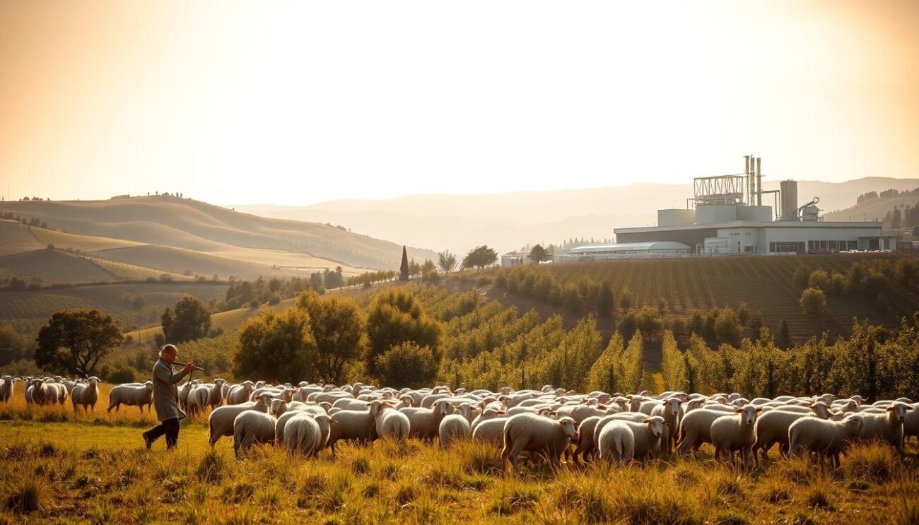 A serene pastoral landscape, where traditional and modern production techniques coexist in harmonious balance. In the foreground, a shepherd tends to a flock of sheep, employing age-old methods honed over generations. The middle ground showcases a modern processing facility, its sleek architecture and gleaming equipment a testament to technological progress. The background reveals rolling hills, dotted with olive groves and vineyards, their verdant hues speaking to the natural abundance that sustains this Italian countryside. Soft, warm lighting bathes the scene, evoking a sense of timelessness and the enduring connection between the land, its people, and their time-honored ways of life. The overall composition conveys the delicate interplay between tradition and innovation, as Italy's pastoral heritage continues to shape the flavors and textures of the food we cherish. A serene pastoral landscape, where traditional and modern production techniques coexist in harmonious balance. In the foreground, a shepherd tends to a flock of sheep, employing age-old methods honed over generations. The middle ground showcases a modern processing facility, its sleek architecture and gleaming equipment a testament to technological progress. The background reveals rolling hills, dotted with olive groves and vineyards, their verdant hues speaking to the natural abundance that sustains this Italian countryside. Soft, warm lighting bathes the scene, evoking a sense of timelessness and the enduring connection between the land, its people, and their time-honored ways of life. The overall composition conveys the delicate interplay between tradition and innovation, as Italy's pastoral heritage continues to shape the flavors and textures of the food we cherish.