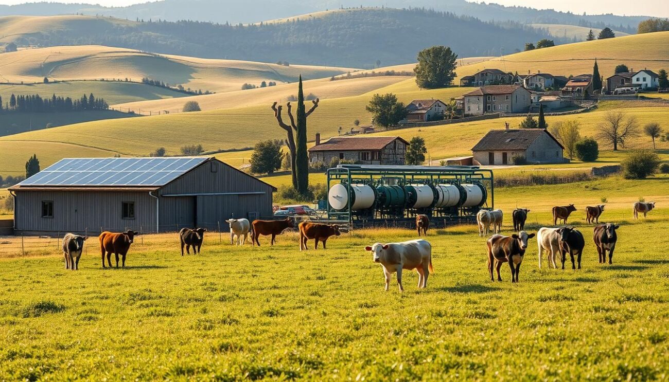 A serene, rustic farm landscape filled with innovative sustainable farming practices. In the foreground, a modern solar-powered barn stands amidst lush pastures where contented free-range livestock graze peacefully. In the middle ground, a state-of-the-art robotic milking system operates seamlessly, embodying the latest advancements in ethical, efficient animal husbandry. The background reveals rolling hills dotted with traditional Italian farmhouses, symbolizing the harmonious blend of innovative technology and time-honored tradition. Soft, warm natural lighting bathes the scene, conveying a sense of harmony and progress within a cherished agricultural heritage. A serene, rustic farm landscape filled with innovative sustainable farming practices. In the foreground, a modern solar-powered barn stands amidst lush pastures where contented free-range livestock graze peacefully. In the middle ground, a state-of-the-art robotic milking system operates seamlessly, embodying the latest advancements in ethical, efficient animal husbandry. The background reveals rolling hills dotted with traditional Italian farmhouses, symbolizing the harmonious blend of innovative technology and time-honored tradition. Soft, warm natural lighting bathes the scene, conveying a sense of harmony and progress within a cherished agricultural heritage.