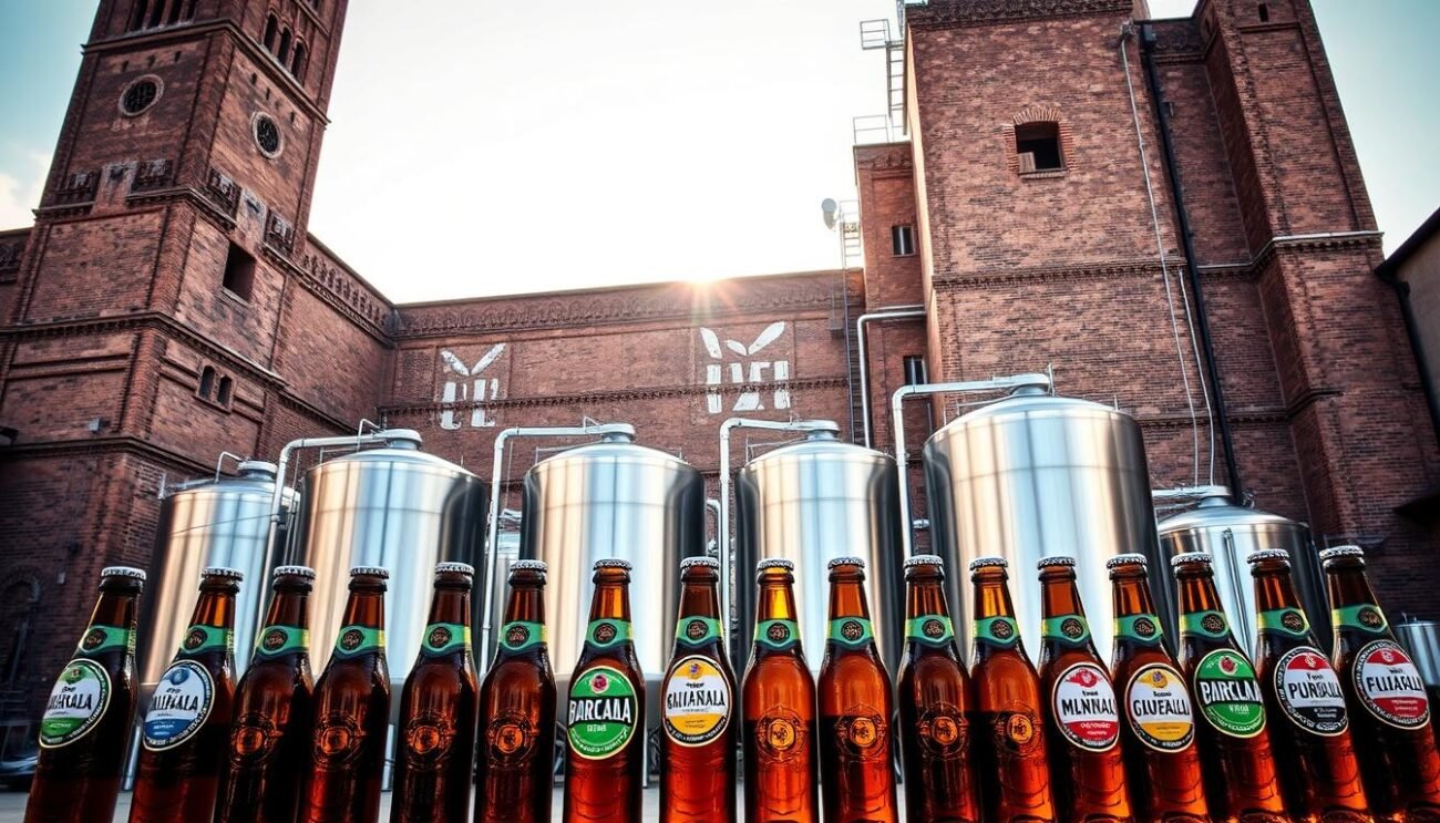 A serene scene of a historic Italian brewery, its towering brick facade bathed in soft, diffused lighting. Rows of gleaming steel fermentation tanks stand in the middle ground, reflecting the warm glow of the setting sun. In the foreground, a lineup of amber-hued bottles, their labels emblazoned with the iconic logos of beloved non-alcoholic beer brands. The atmosphere is one of tradition, innovation, and the enduring passion for crafting exceptional brews, even without the presence of alcohol. A sense of heritage and progress coalesce, capturing the evolution of the non-alcoholic beer industry in Italy.