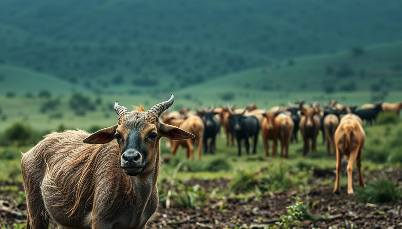 A serene, yet unsettling scene of a distressed animal in its natural habitat. In the foreground, a weary-eyed and disheveled creature, its body language conveying restlessness and discomfort. In the middle ground, a herd of its peers, some displaying similar signs of stress - fidgeting, pacing, or huddling together. The background is a lush, verdant landscape, but the lighting is somewhat muted, casting a subtle air of unease. The composition is balanced, drawing the viewer's attention to the central subject while providing context. Soft, diffused illumination from an overcast sky creates a sense of melancholy. This image aims to sensitively capture the often-overlooked indicators of stress in animals, inviting the viewer to consider the impact of environmental factors on their well-being. A serene, yet unsettling scene of a distressed animal in its natural habitat. In the foreground, a weary-eyed and disheveled creature, its body language conveying restlessness and discomfort. In the middle ground, a herd of its peers, some displaying similar signs of stress - fidgeting, pacing, or huddling together. The background is a lush, verdant landscape, but the lighting is somewhat muted, casting a subtle air of unease. The composition is balanced, drawing the viewer's attention to the central subject while providing context. Soft, diffused illumination from an overcast sky creates a sense of melancholy. This image aims to sensitively capture the often-overlooked indicators of stress in animals, inviting the viewer to consider the impact of environmental factors on their well-being.