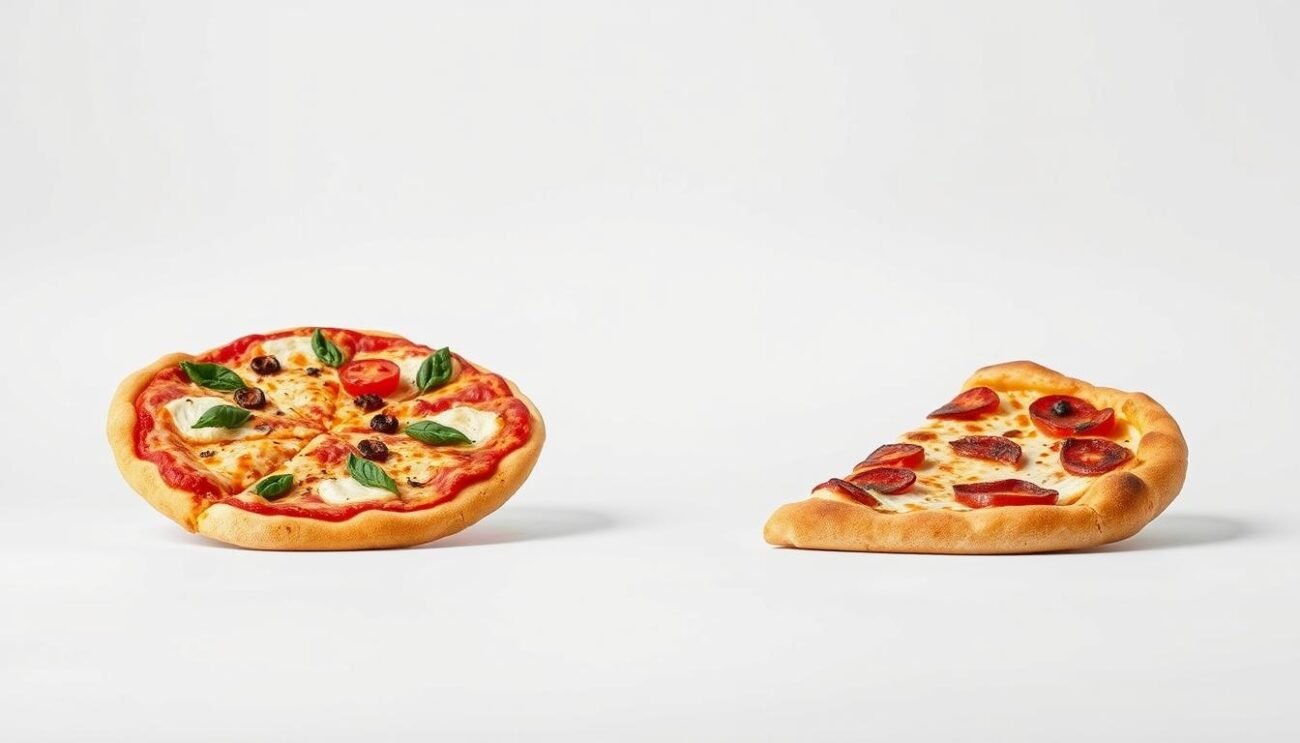 A side-by-side comparison of the traditional Roman pizza and the modern pinsa romana, captured in a crisp, well-lit studio setting. The foreground showcases the distinct shapes, crusts, and toppings of each - the pizza's familiar round silhouette juxtaposed with the oblong, airy pinsa. The middle ground highlights the textural differences, with the pinsa's characteristic soft, lightly charred exterior contrasting the crispier, thinner pizza base. In the background, a neutral, minimalist backdrop allows the visual elements to take center stage, conveying a sense of simplicity and clarity. The overall mood is one of thoughtful comparison, inviting the viewer to appreciate the evolution of this ancient culinary tradition.