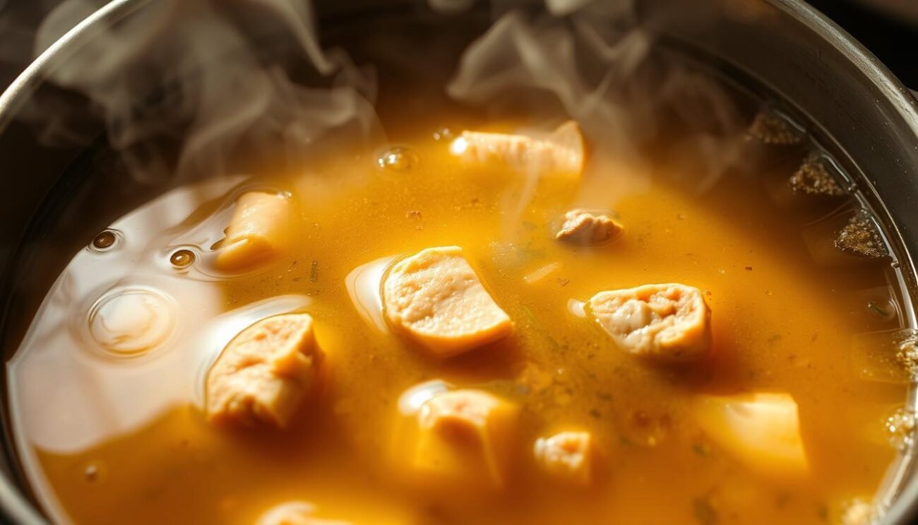 A simmering pot of brodo di cottura, the rich and aromatic cooking broth that forms the foundation of traditional Tuscan lampredotto sugo. The broth gently bubbles, releasing fragrant steam infused with the earthy essence of beef bones, herbs, and spices. Soft, tender morsels of meat float amidst the golden liquid, hinting at the flavorful layers to come. The scene is bathed in warm, natural lighting, casting a cozy, homey atmosphere. Viewed from a slightly elevated angle, the humble yet essential brodo di cottura is the centerpiece, a testament to the care and tradition that goes into crafting an authentic Tuscan sugo. A simmering pot of brodo di cottura, the rich and aromatic cooking broth that forms the foundation of traditional Tuscan lampredotto sugo. The broth gently bubbles, releasing fragrant steam infused with the earthy essence of beef bones, herbs, and spices. Soft, tender morsels of meat float amidst the golden liquid, hinting at the flavorful layers to come. The scene is bathed in warm, natural lighting, casting a cozy, homey atmosphere. Viewed from a slightly elevated angle, the humble yet essential brodo di cottura is the centerpiece, a testament to the care and tradition that goes into crafting an authentic Tuscan sugo.