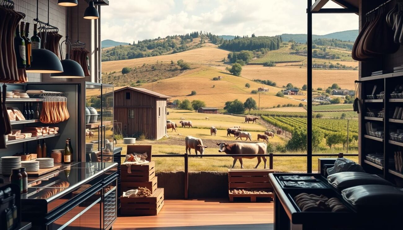 A simplified production chain, capturing the essence of a local meat supply chain. In the foreground, a modern, well-equipped butcher's shop, its clean and inviting interior bathed in warm, natural lighting. In the middle ground, a small-scale farm, its pastoral scenes of rolling hills and grazing livestock evoke a sense of authenticity and tradition. The background showcases the broader landscape, a picturesque Italian countryside dotted with vineyards and orchards, reflecting the regionality and terroir of the products. The overall scene conveys a harmonious integration of traditional and contemporary elements, symbolizing the harmony of a 'filiera corta' or short supply chain.