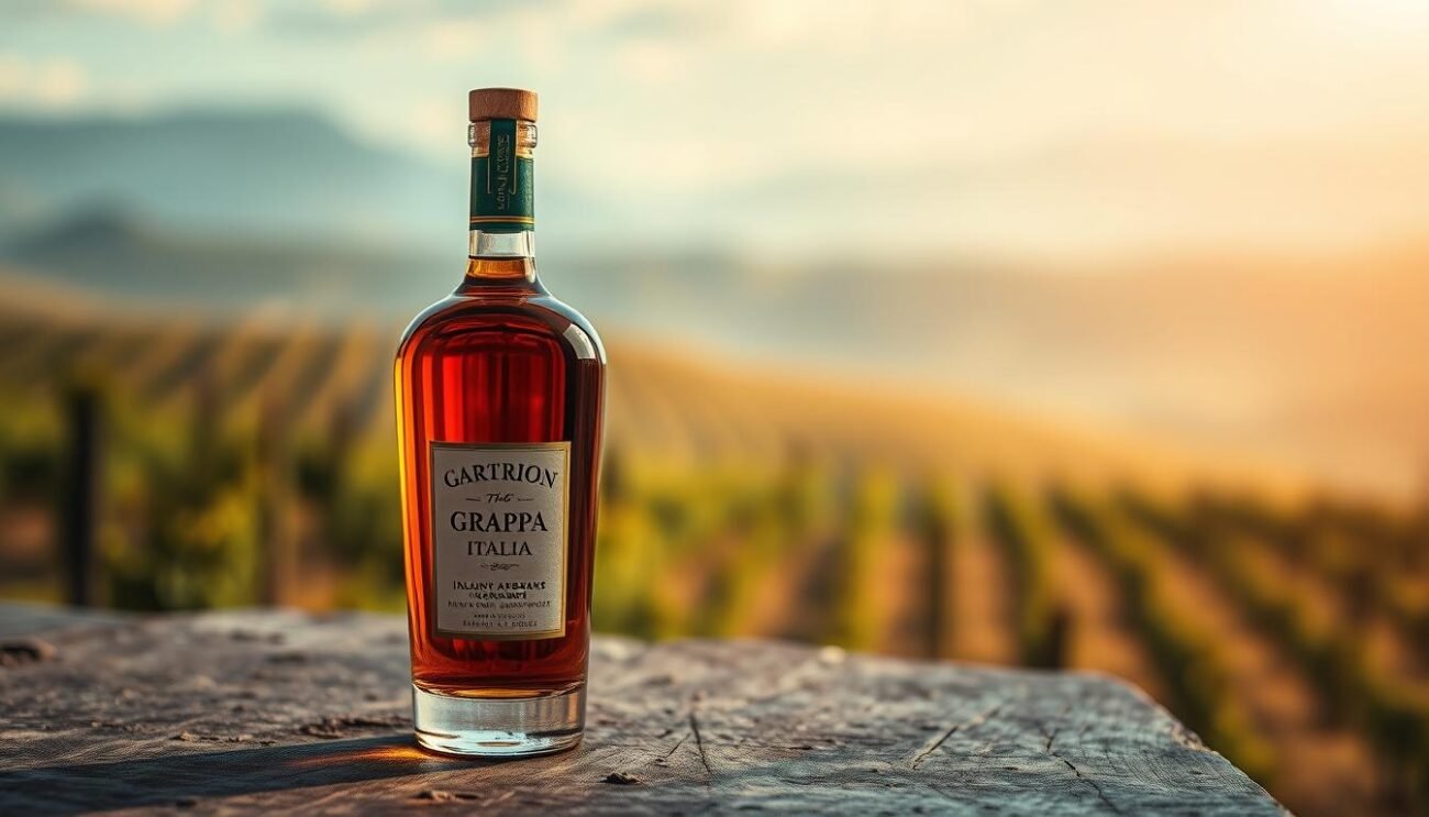 A sleek, artisanal Italian grappa bottle, glistening under soft, warm lighting. Positioned on a rustic, wooden surface, its elegant design and amber hue evoke the spirit of Italian craftsmanship. The background features a blurred, atmospheric scene, hinting at the rolling hills and vineyards of the Italian countryside. The overall composition exudes a sense of quality, tradition, and the essence of Italian excellence in distillation.