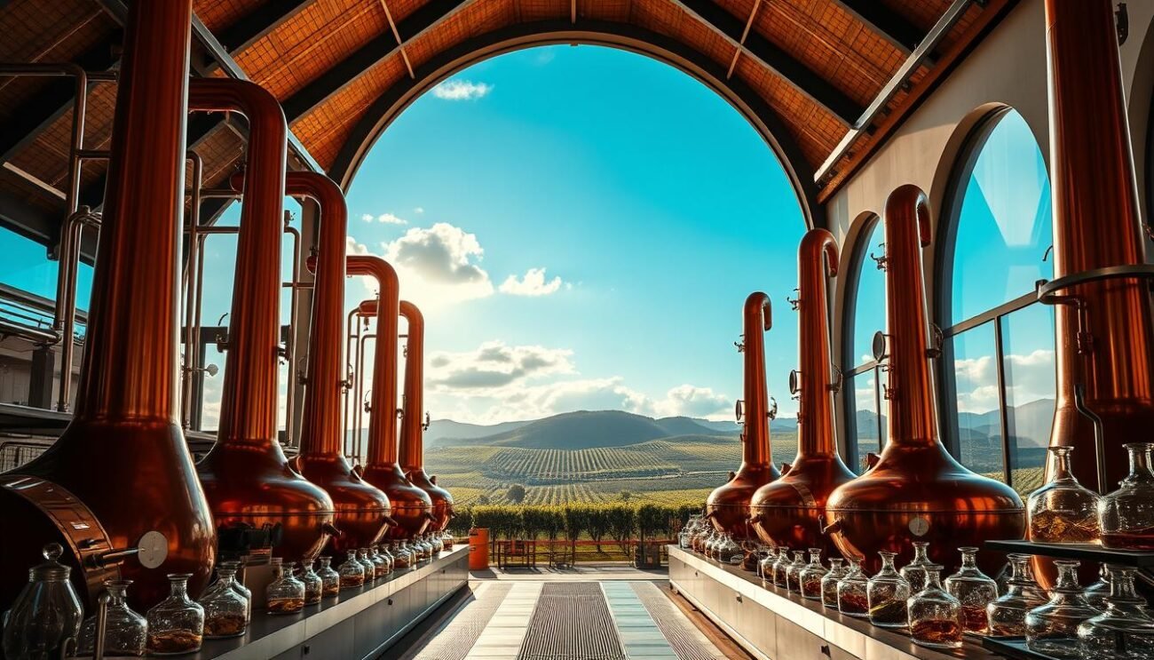 A sleek, modern Italian distillery set against a backdrop of rolling vineyards and a cloudless azure sky. Rows of gleaming copper stills stand tall, reflecting the warm, golden light that filters through arched windows. Intricate glassware and botanicals are artfully displayed, hinting at the innovative spirits being crafted within. The atmosphere exudes a sense of tradition and craftsmanship, yet with a contemporary, forward-thinking spirit that captures the essence of "Distillati Italiani Innovativi". Camera angles emphasize clean lines, sharp contrasts, and a focus on the details that make these spirits truly unique. A sleek, modern Italian distillery set against a backdrop of rolling vineyards and a cloudless azure sky. Rows of gleaming copper stills stand tall, reflecting the warm, golden light that filters through arched windows. Intricate glassware and botanicals are artfully displayed, hinting at the innovative spirits being crafted within. The atmosphere exudes a sense of tradition and craftsmanship, yet with a contemporary, forward-thinking spirit that captures the essence of "Distillati Italiani Innovativi". Camera angles emphasize clean lines, sharp contrasts, and a focus on the details that make these spirits truly unique.