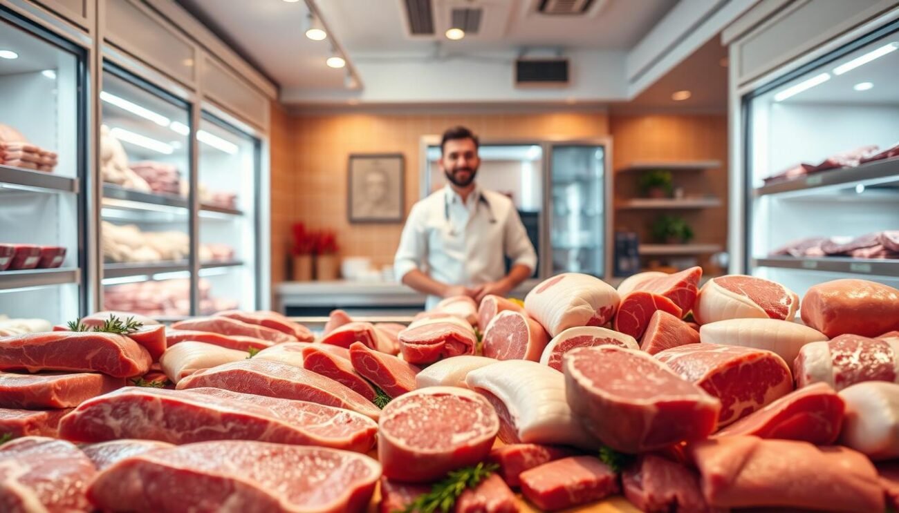 A sleek, modern online butcher's shop, with a refrigerated display of high-quality meats. The lighting is soft and warm, casting a cozy glow over the scene. The layout is clean and minimalist, with a focus on the products. In the foreground, various cuts of beef, pork, and poultry are neatly arranged, showcasing their freshness and marbling. In the middle ground, a friendly butcher stands behind the counter, ready to assist customers with their selections. The background features a subtle Italian-inspired decor, such as warm-toned tiles or wooden accents, hinting at the shop's connection to traditional Italian culinary heritage. The overall atmosphere conveys a sense of trust, quality, and personal service, reflecting the experience of an online refrigerated butchery in Italy.