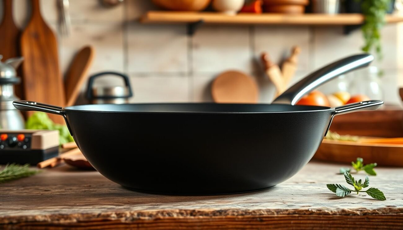 A sleek, non-stick pan takes center stage against a backdrop of a rustic Italian kitchen. The pan's smooth, jet-black surface glistens under the warm, natural lighting, casting a soft reflection on the countertop. Surrounding the pan, various cooking utensils and ingredients come into view, hinting at the culinary delights to be prepared. The overall mood is one of effortless cooking, capturing the essence of traditional Italian cuisine. The pan's clean lines and modern design are juxtaposed with the aged wooden surfaces, creating a harmonious blend of old and new. This image perfectly complements the "Attrezzatura Necessaria per la Preparazione" section, showcasing the essential tools required to craft the authentic Pesto Peperoni Cruschi recipe.