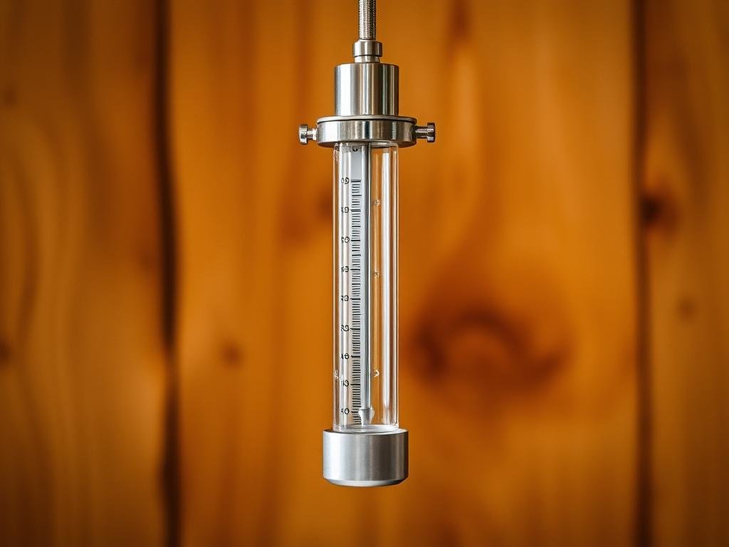 A sleek, silver densimeter suspended against a warm, rustic backdrop. The instrument's streamlined design and precision markings convey its purpose - to meticulously measure the density of brewing wort. Soft lighting casts gentle shadows, highlighting the densimeter's polished surface and gleaming accents. The scene exudes a sense of scientific inquiry and artisanal craftsmanship, befitting the article's focus on the essential role of this tool in the beer-making process. The image provides a visually engaging introduction to the densimeter and its practical applications in the world of brewing.