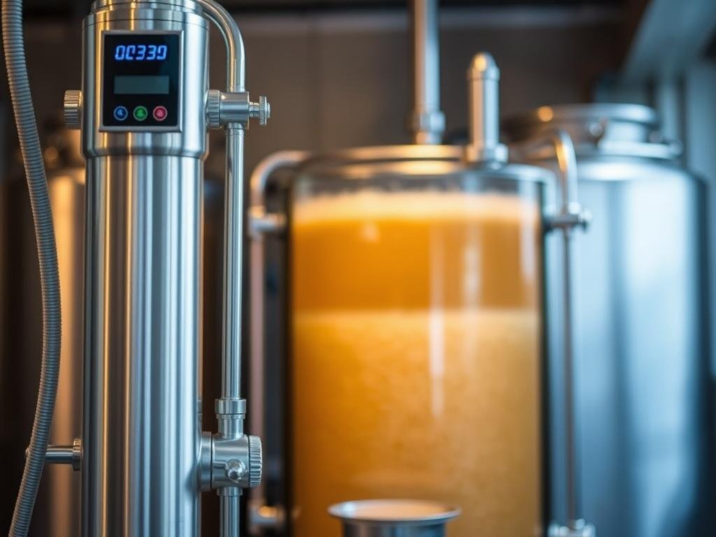 A sleek, stainless steel apparatus stands in the foreground, its coiled tubing and digital display panels hinting at a precise, scientific process. In the middle ground, a gleaming vat of golden liquid, the mash or wort, bubbles and swirls as it cools. The lighting is soft and even, casting a warm, amber glow over the scene. The background is blurred, suggesting a professional brewery or laboratory setting, where the optimization of time and temperature is crucial to the production of the perfect brew. The overall mood is one of focused efficiency and technological mastery, capturing the essence of the "Ottimizzazione dei Tempi e Controllo della Temperatura" section of the article.