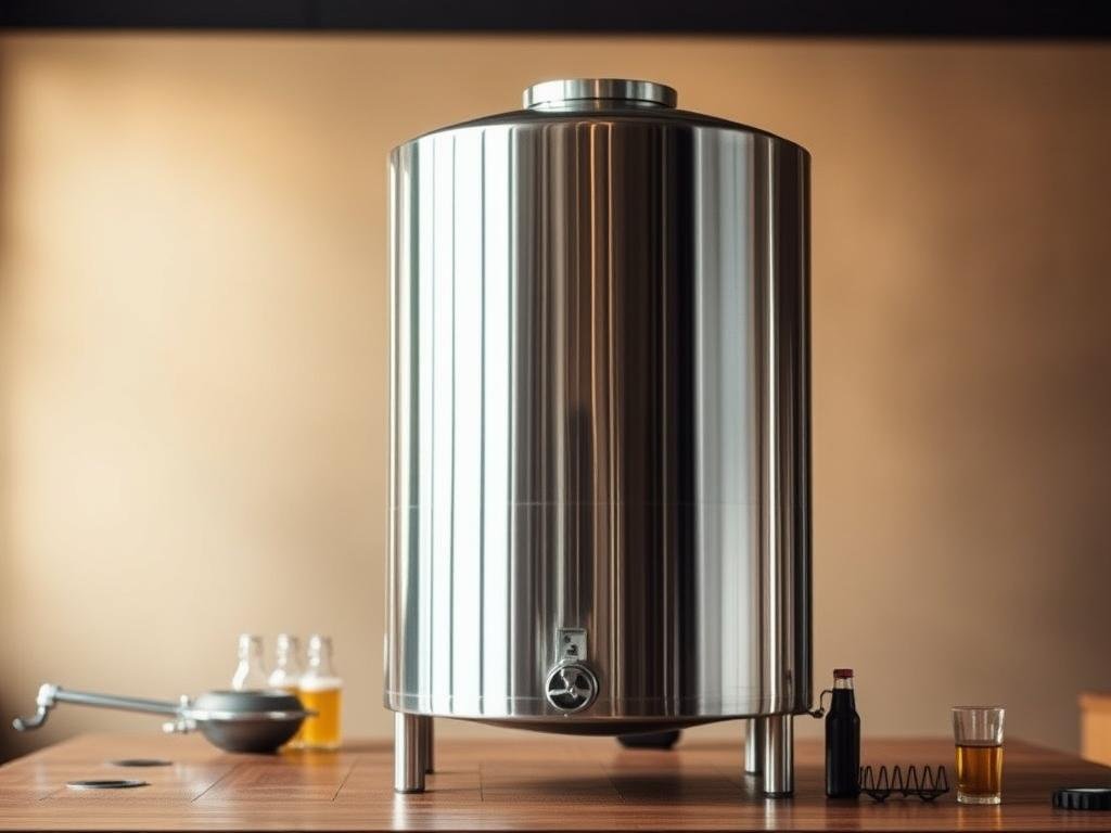 A sleek, stainless steel fermentation tank sits atop a wooden surface, its polished exterior gleaming under the soft, diffused lighting. The tank's cylindrical shape and clean lines convey a sense of precision and quality, perfectly suited for the home brewer's needs. The middle ground features a few beer-making supplies, hinting at the tank's purpose, while the background is a warm, neutral-toned space, allowing the subject to be the focal point. The overall mood is one of professionalism and practicality, reflecting the "Guida alla scelta del fermentatore ideale" section of the article.