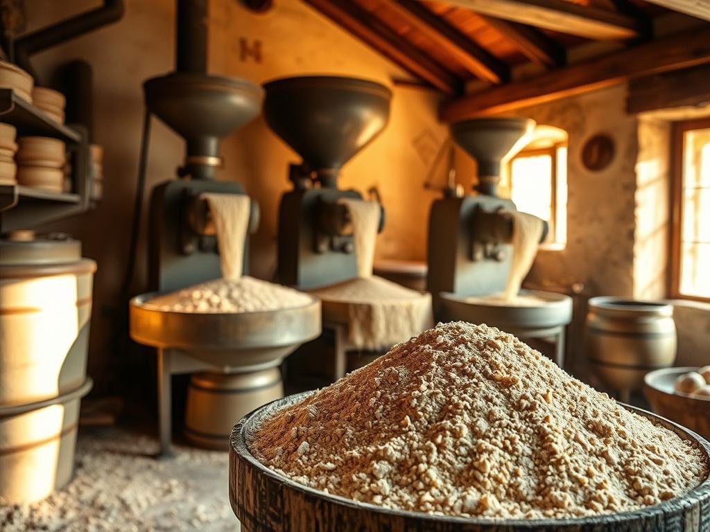 A small-scale, artisanal flour mill set amidst the rolling hills of the Mugello region. The mill's interior is bathed in warm, golden light, casting a soft glow on the delicate chestnut flour as it is carefully sifted and processed. Skilled hands guide the traditional stone grinders, meticulously extracting the essence of the locally-grown chestnuts. The air is thick with the earthy aroma of the chestnut flour, inviting a sensory experience that captures the essence of this regional specialty. In the foreground, a display of the finished product showcases the flour's distinctive texture and rich, amber hue - a testament to the care and craftsmanship invested in its production. A small-scale, artisanal flour mill set amidst the rolling hills of the Mugello region. The mill's interior is bathed in warm, golden light, casting a soft glow on the delicate chestnut flour as it is carefully sifted and processed. Skilled hands guide the traditional stone grinders, meticulously extracting the essence of the locally-grown chestnuts. The air is thick with the earthy aroma of the chestnut flour, inviting a sensory experience that captures the essence of this regional specialty. In the foreground, a display of the finished product showcases the flour's distinctive texture and rich, amber hue - a testament to the care and craftsmanship invested in its production.
