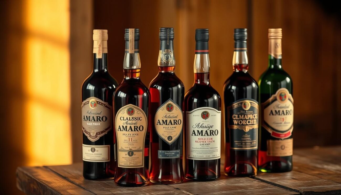 A sophisticated arrangement of classic Italian amaro bottles, meticulously crafted and presented against a backdrop of warm, golden lighting. The bottles, each with its unique label and design, are displayed on a rustic wooden surface, reflecting the rich heritage and artisanal tradition of Italian liqueurs. The scene exudes a sense of timelessness, evoking the essence of Italian aperitif culture and the nuanced flavors that define the distinct regional amari. The image is shot with a shallow depth of field, drawing the viewer's attention to the intricate details and the alluring presence of these iconic Italian spirits.